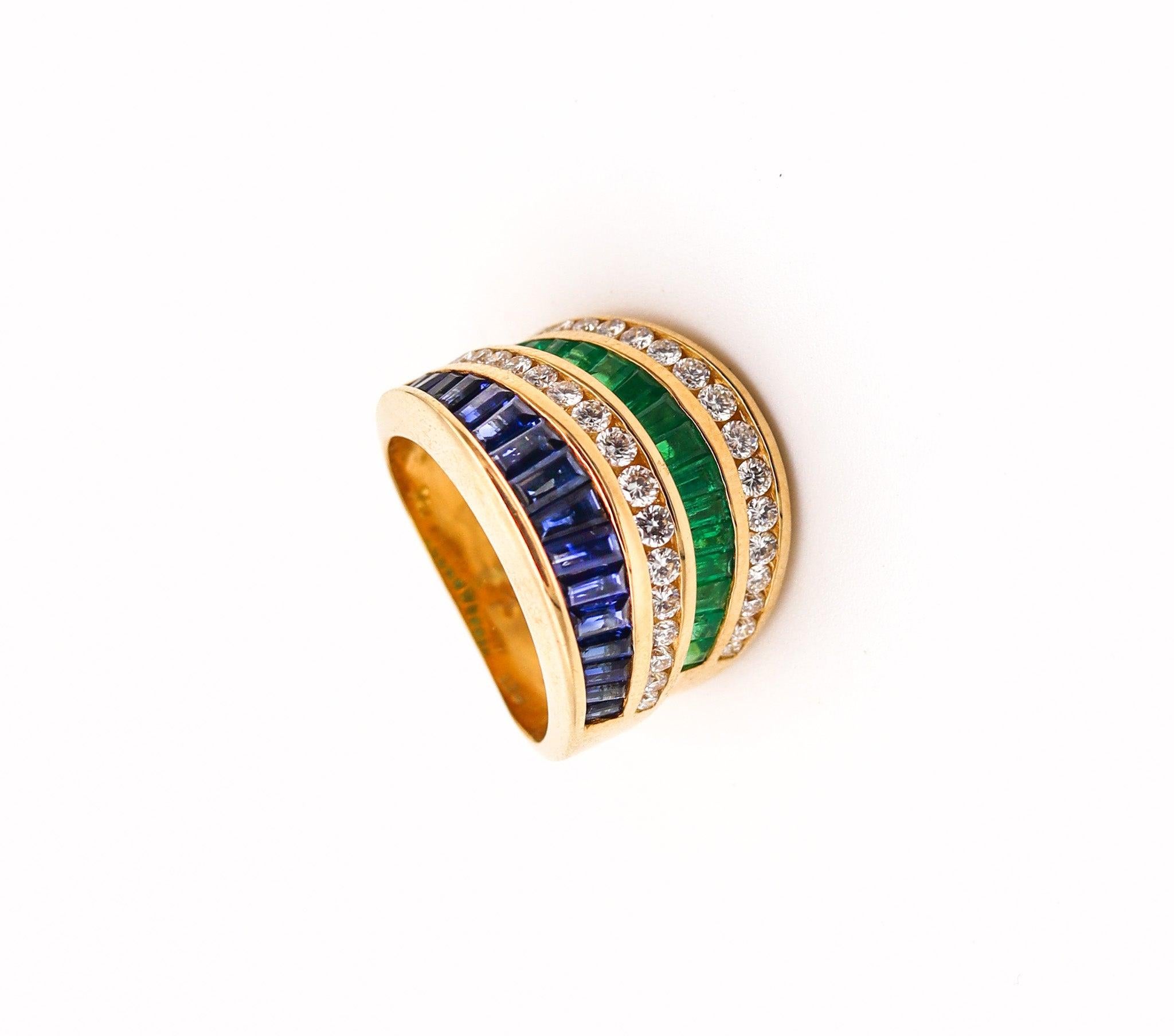 CHARLES KRYPELL Cocktail Ring 18Kt Gold With 3.66 Ctw Diamonds Emerald Sapphires 2