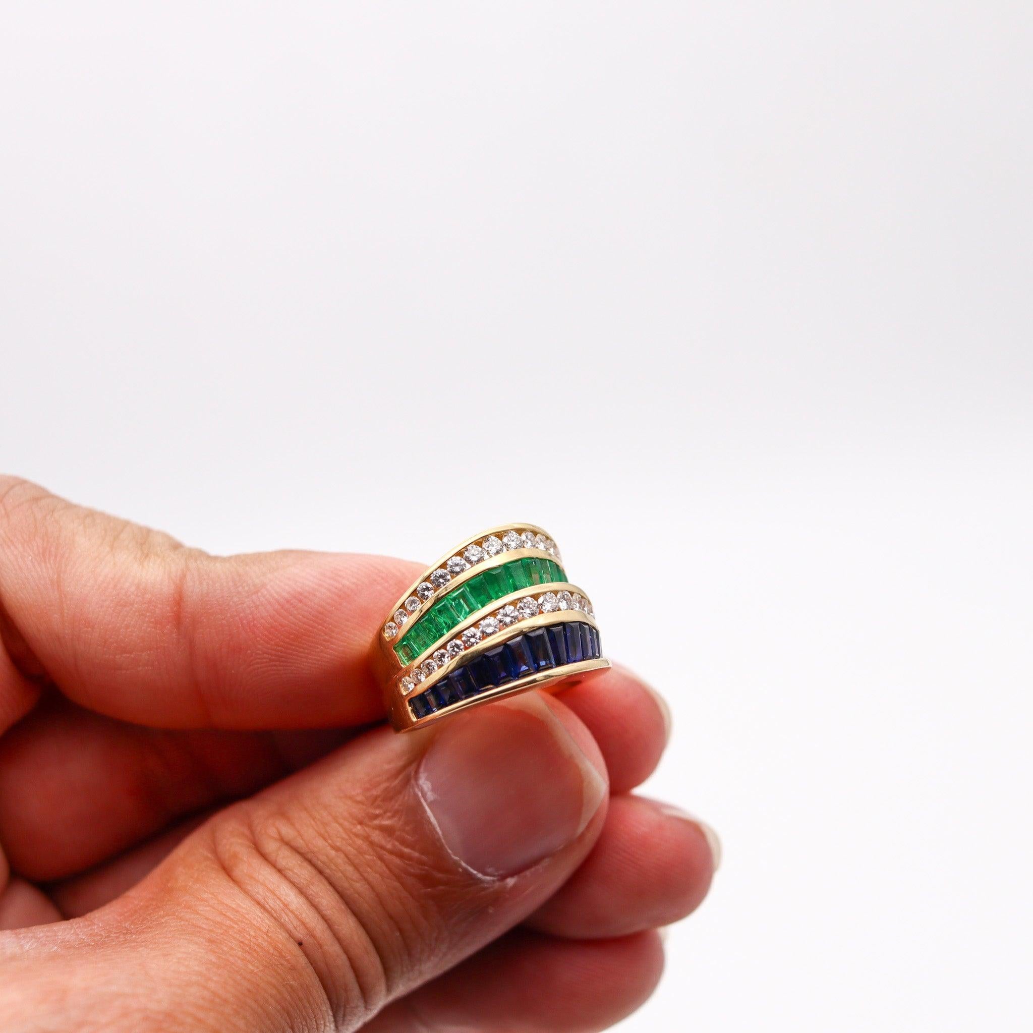 CHARLES KRYPELL Cocktail Ring 18Kt Gold With 3.66 Ctw Diamonds Emerald Sapphires 3