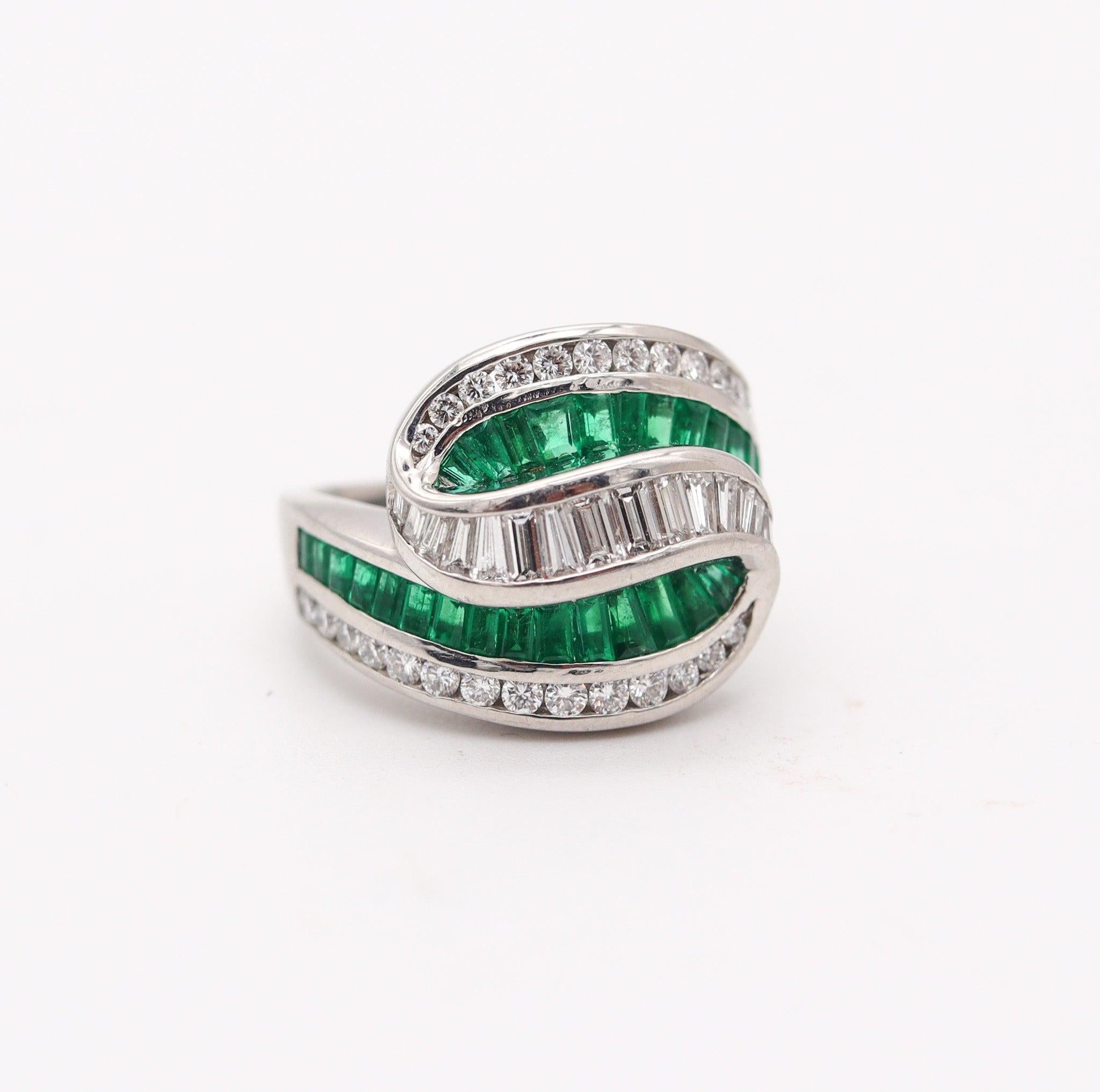 Modernist CHARLES KRYPELL Cocktail Ring In Platinum With 3.60 Ctw In Diamonds & Emeralds For Sale