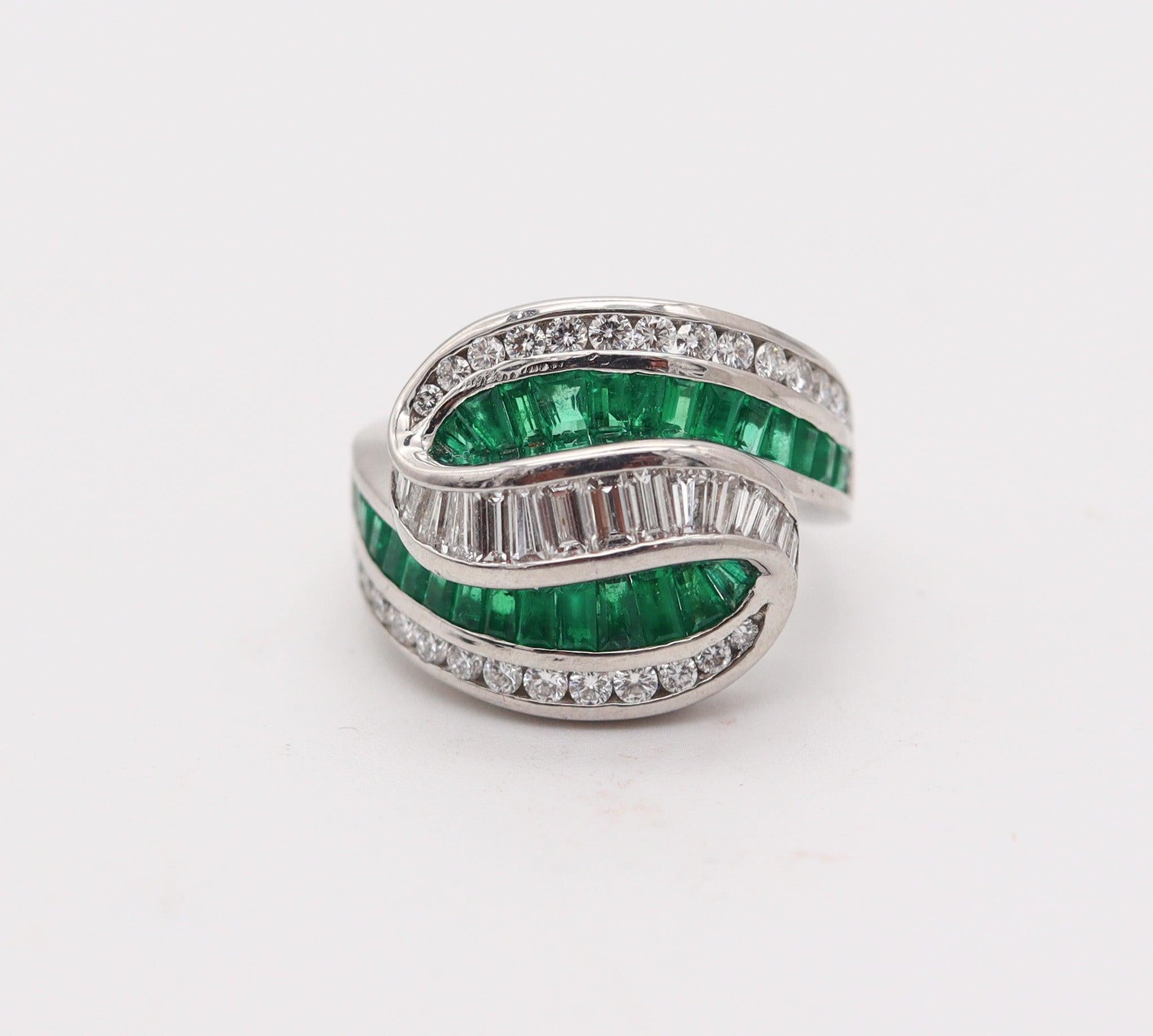 Baguette Cut CHARLES KRYPELL Cocktail Ring In Platinum With 3.60 Ctw In Diamonds & Emeralds For Sale