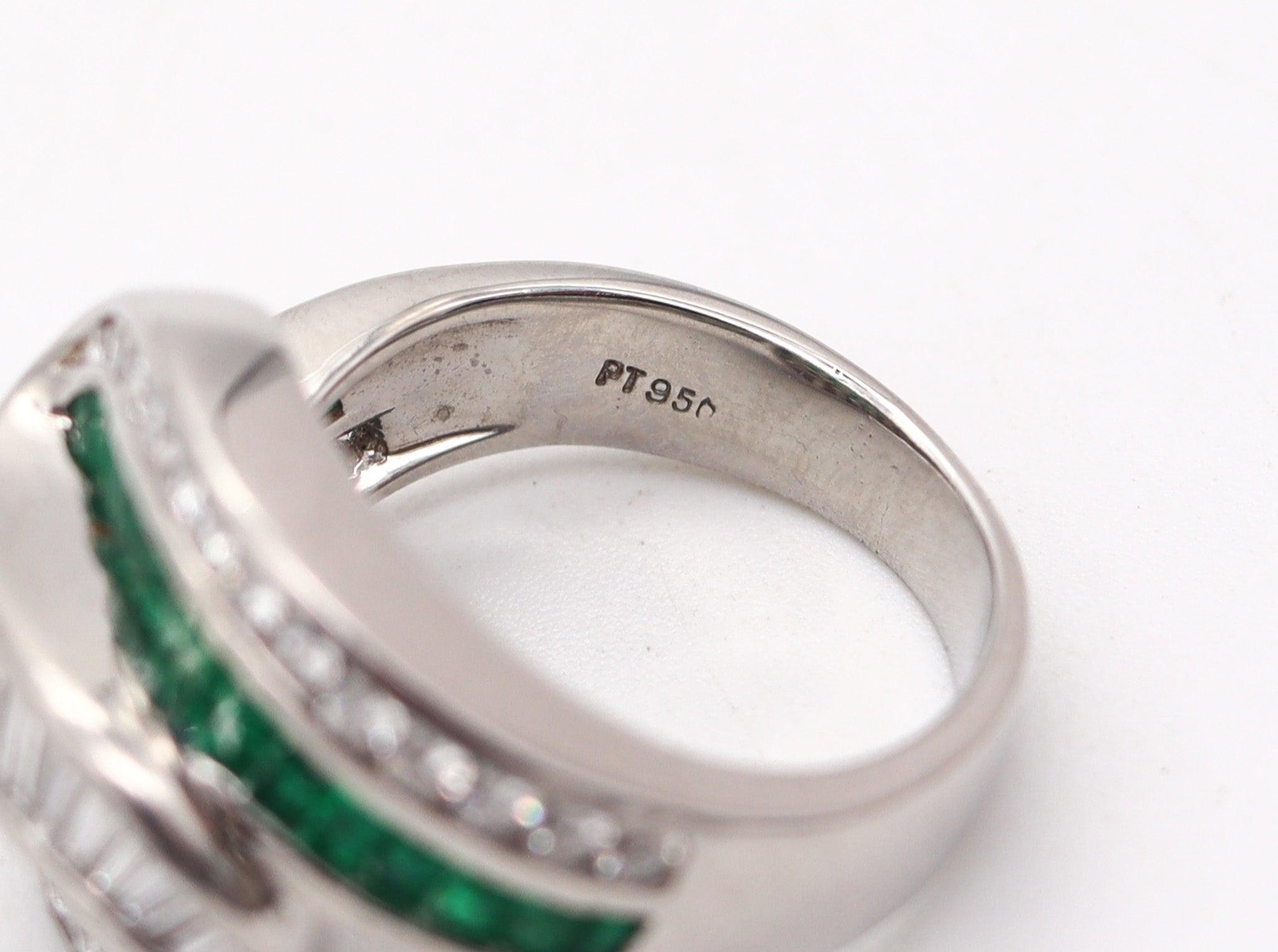 CHARLES KRYPELL Cocktail Ring In Platinum With 3.60 Ctw In Diamonds & Emeralds For Sale 1