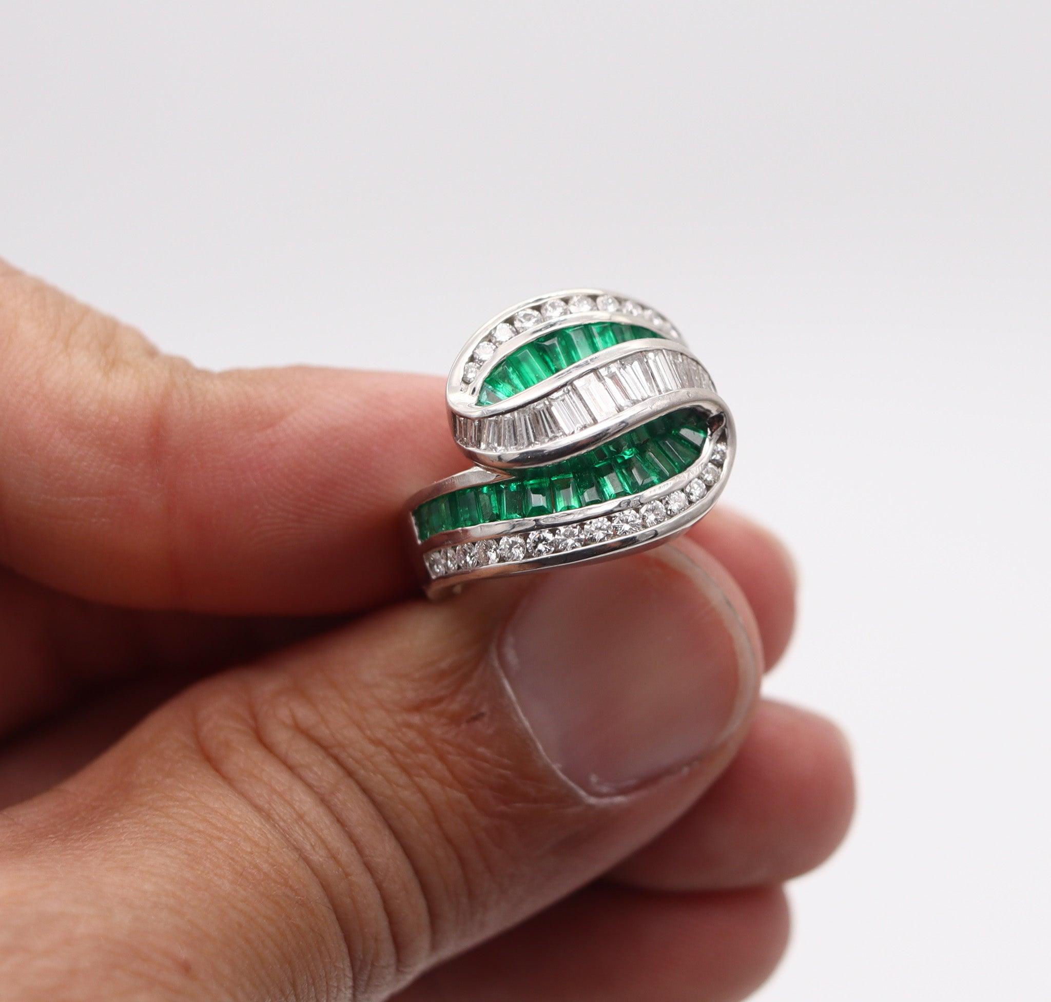CHARLES KRYPELL Cocktail Ring In Platinum With 3.60 Ctw In Diamonds & Emeralds For Sale 2