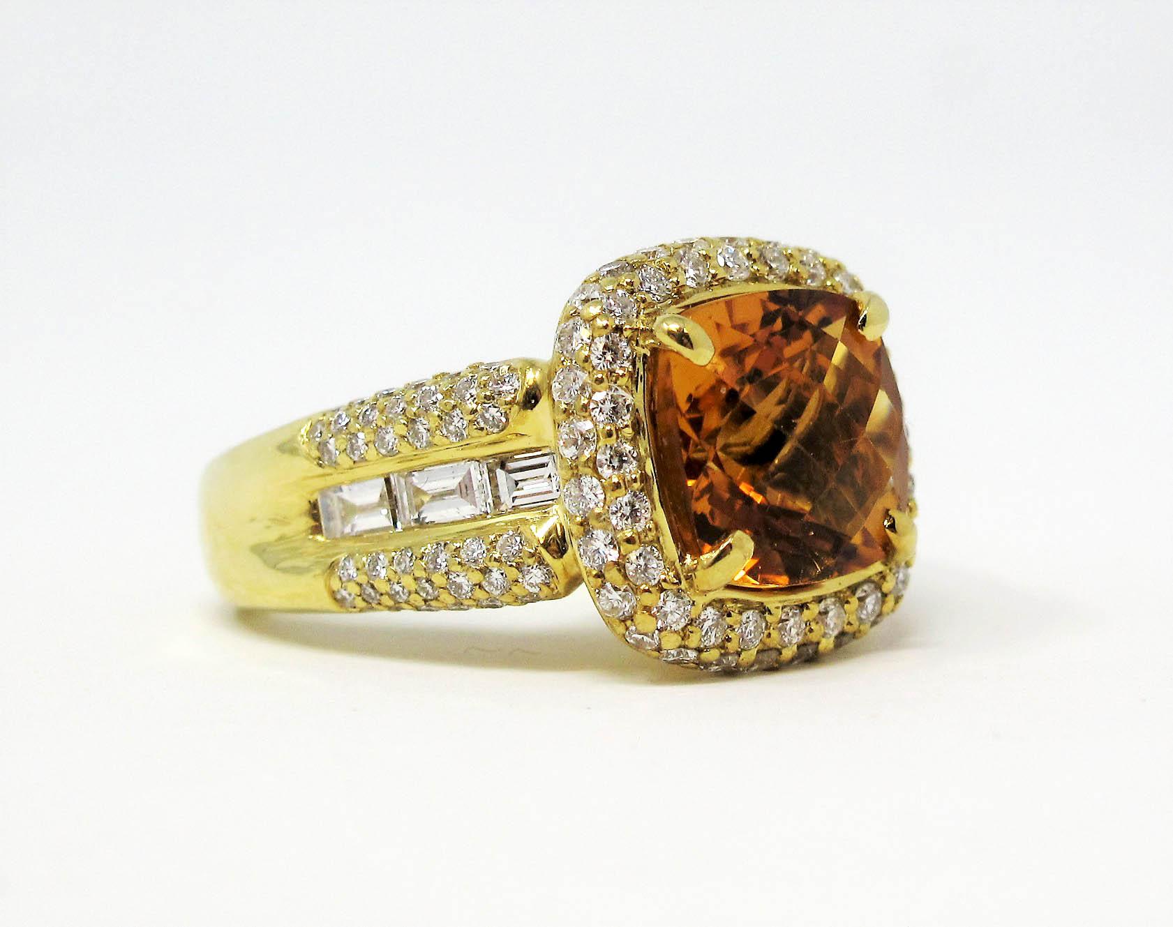 Contemporary Charles Krypell Cushion Checkerboard Citrine and Diamond Halo Ring 18 Karat Gold For Sale
