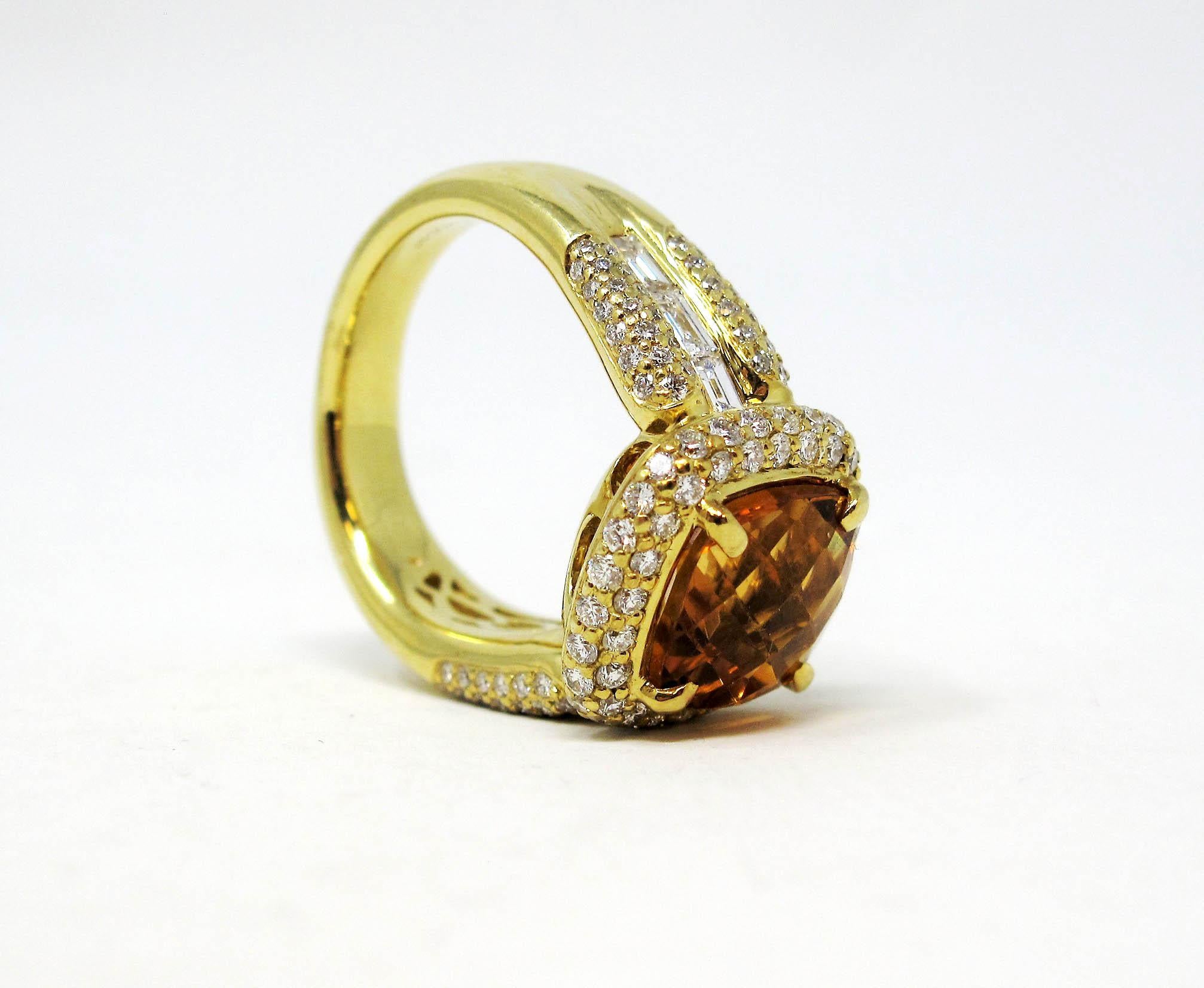 Cushion Cut Charles Krypell Cushion Checkerboard Citrine and Diamond Halo Ring 18 Karat Gold For Sale