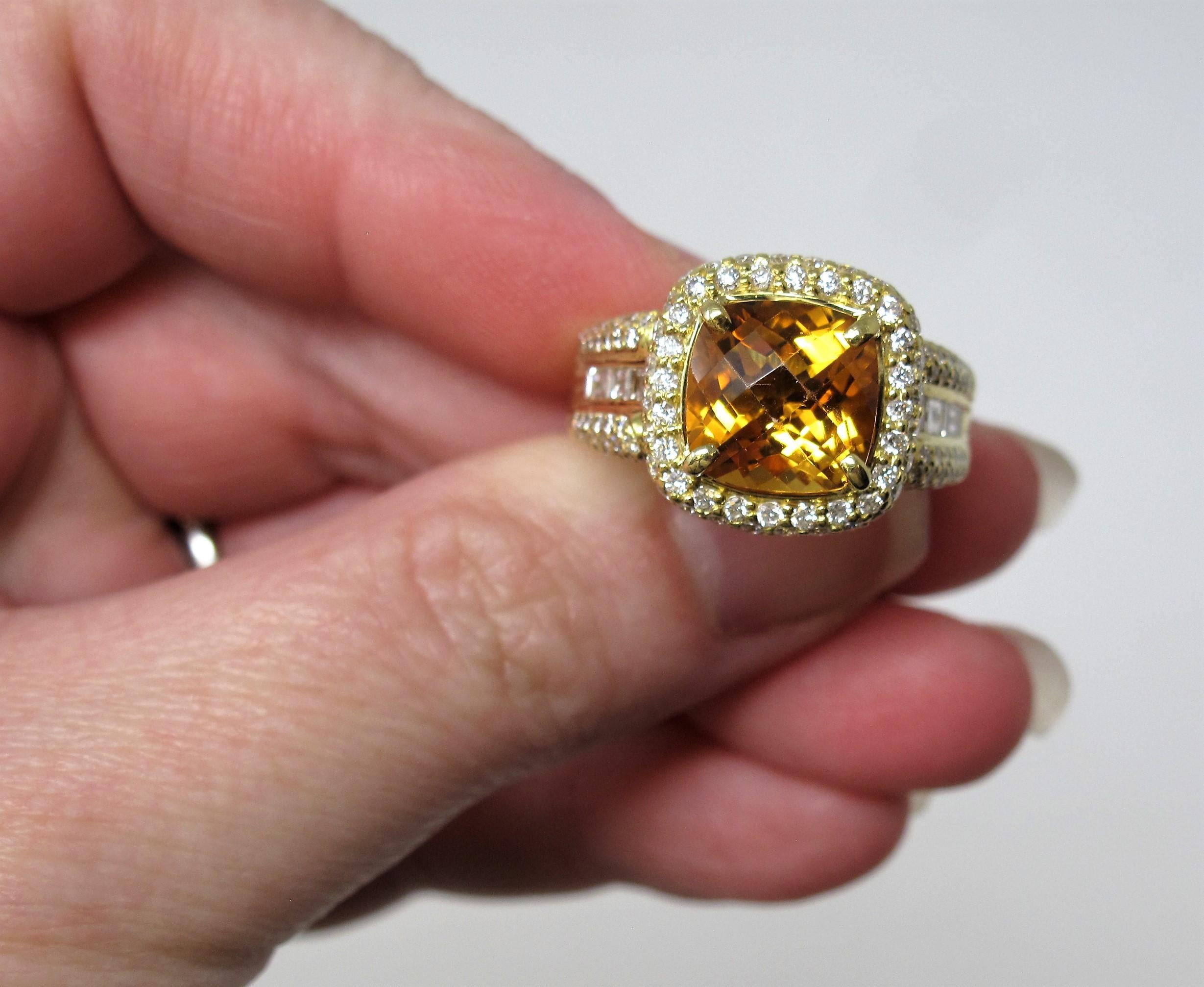 Women's Charles Krypell Cushion Checkerboard Citrine and Diamond Halo Ring 18 Karat Gold For Sale