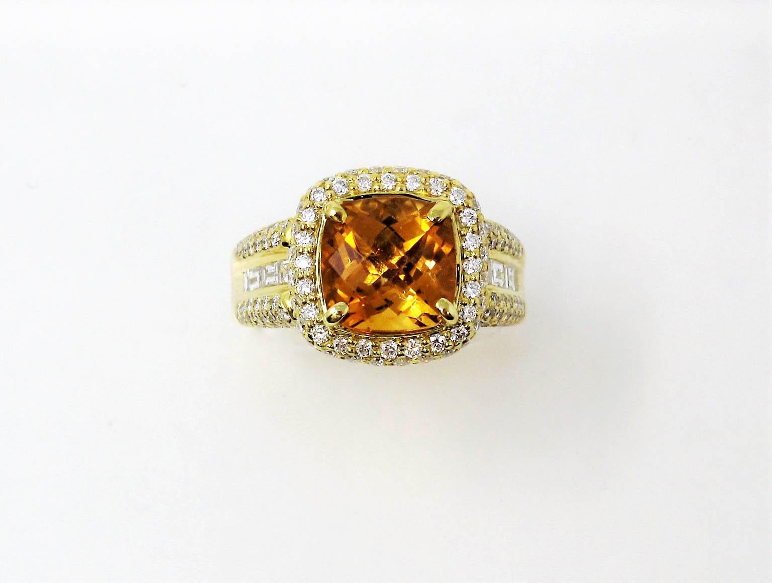 Charles Krypell Cushion Checkerboard Citrine and Diamond Halo Ring 18 Karat Gold For Sale 1