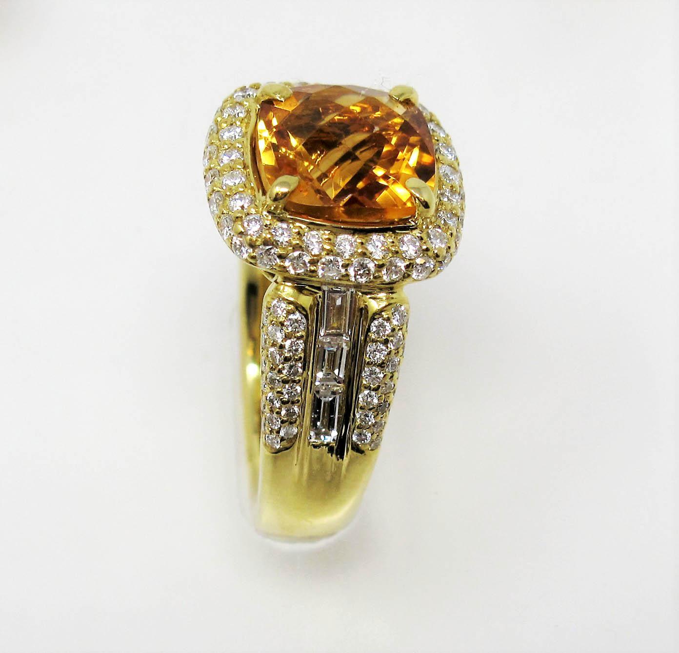 Charles Krypell Cushion Checkerboard Citrine and Diamond Halo Ring 18 Karat Gold For Sale 2
