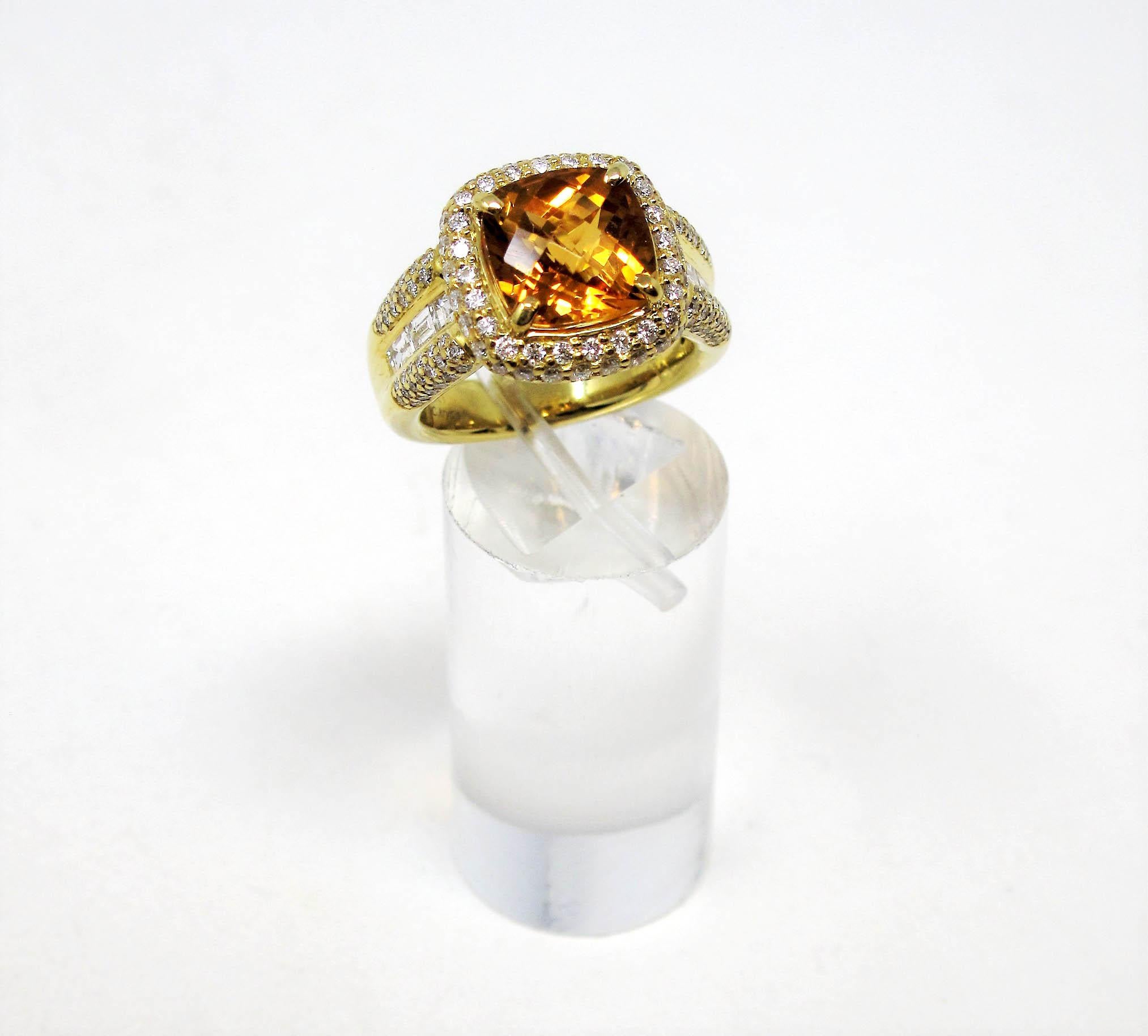 Charles Krypell Cushion Checkerboard Citrine and Diamond Halo Ring 18 Karat Gold For Sale 3