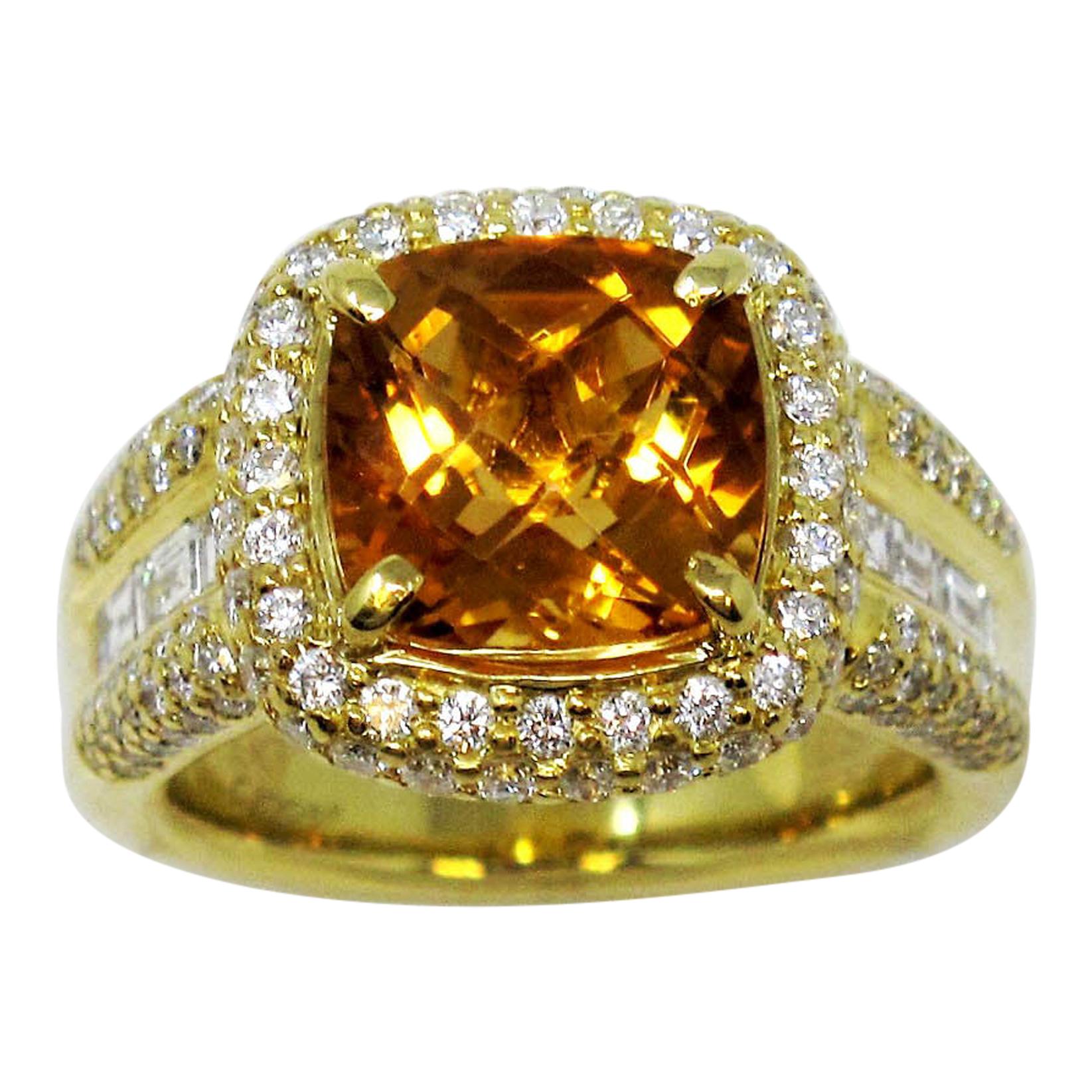 Charles Krypell Cushion Checkerboard Citrine and Diamond Halo Ring 18 Karat Gold For Sale