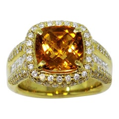 Retro Charles Krypell Cushion Checkerboard Citrine and Diamond Halo Ring 18 Karat Gold