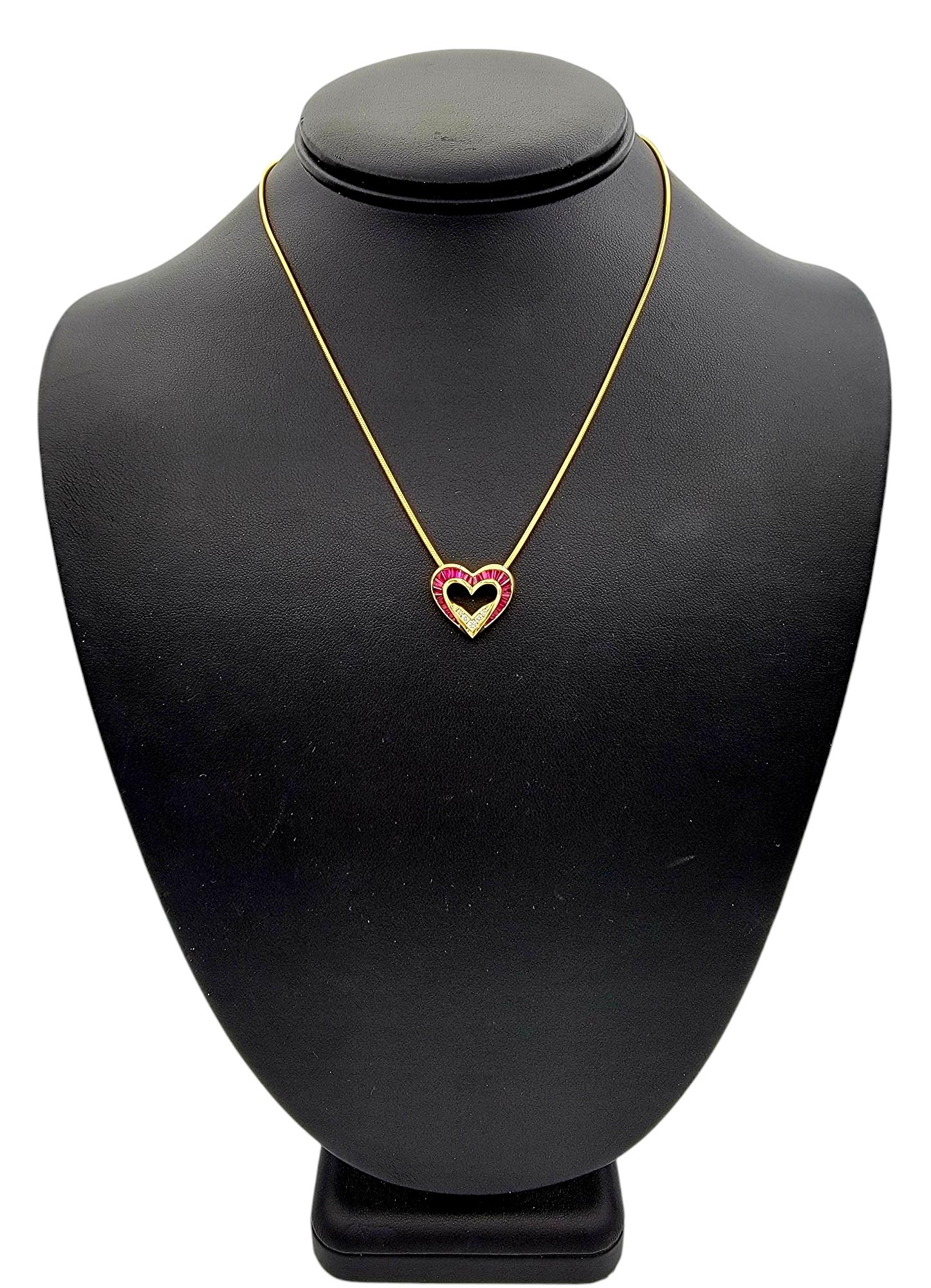 Charles Krypell Diamond and Ruby Heart Pendant Necklace in 18 Karat Yellow Gold 4