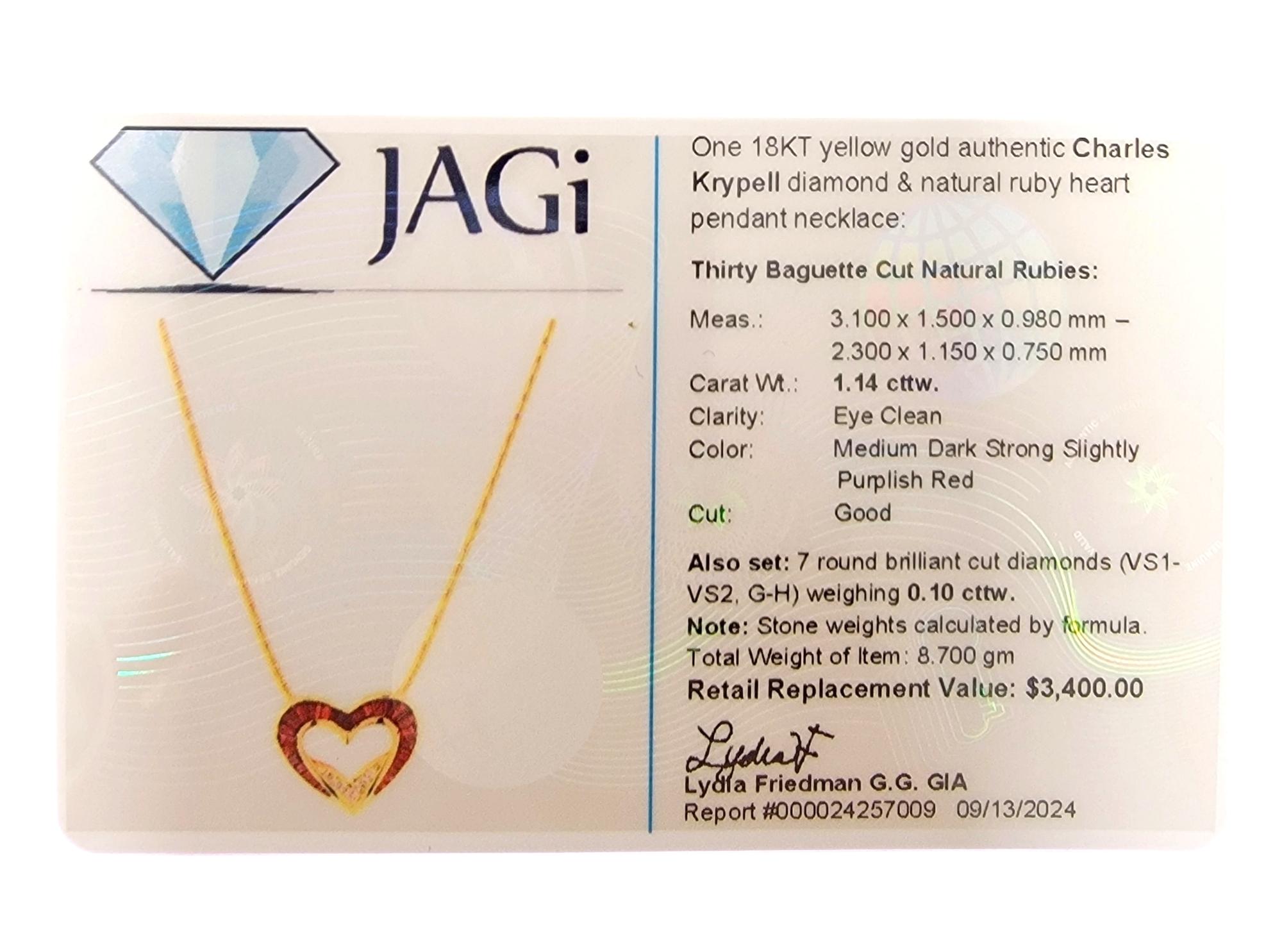 Charles Krypell Diamond and Ruby Heart Pendant Necklace in 18 Karat Yellow Gold 5