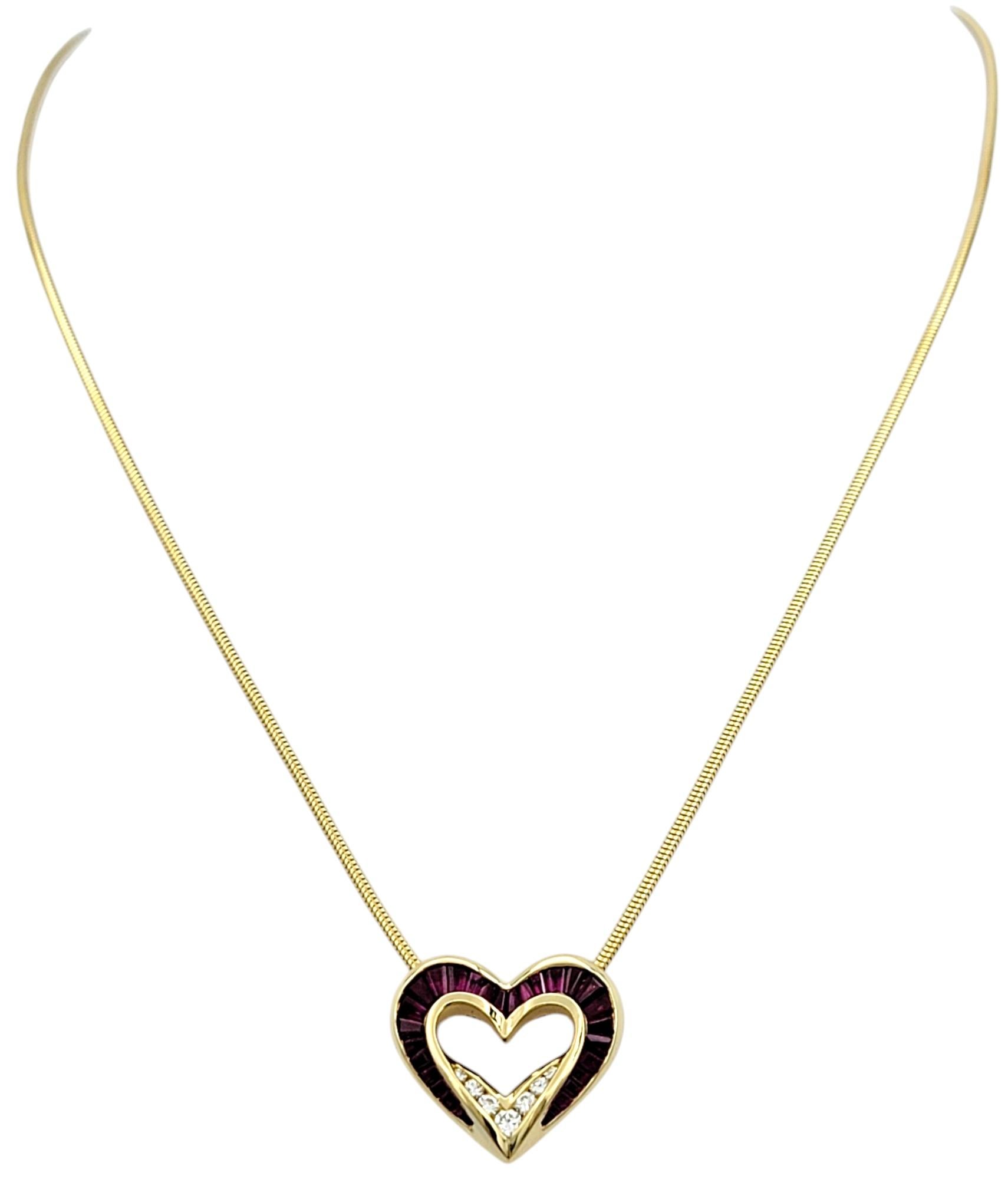 Baguette Cut Charles Krypell Diamond and Ruby Heart Pendant Necklace in 18 Karat Yellow Gold