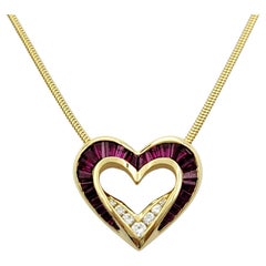 Charles Krypell Diamond and Ruby Heart Pendant Necklace in 18 Karat Yellow Gold