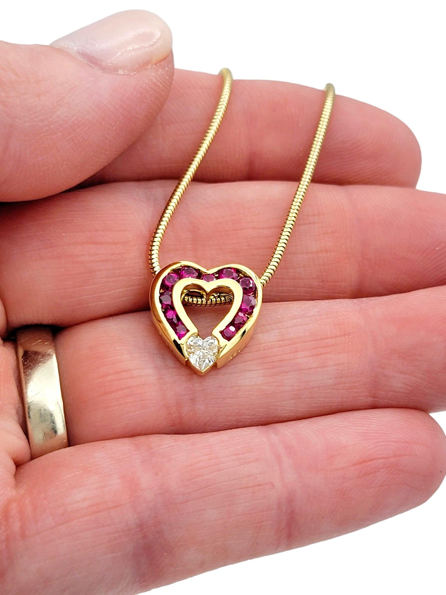 Charles Krypell Diamond and Ruby Open Heart Necklace Set in 18 Karat Yellow Gold 4