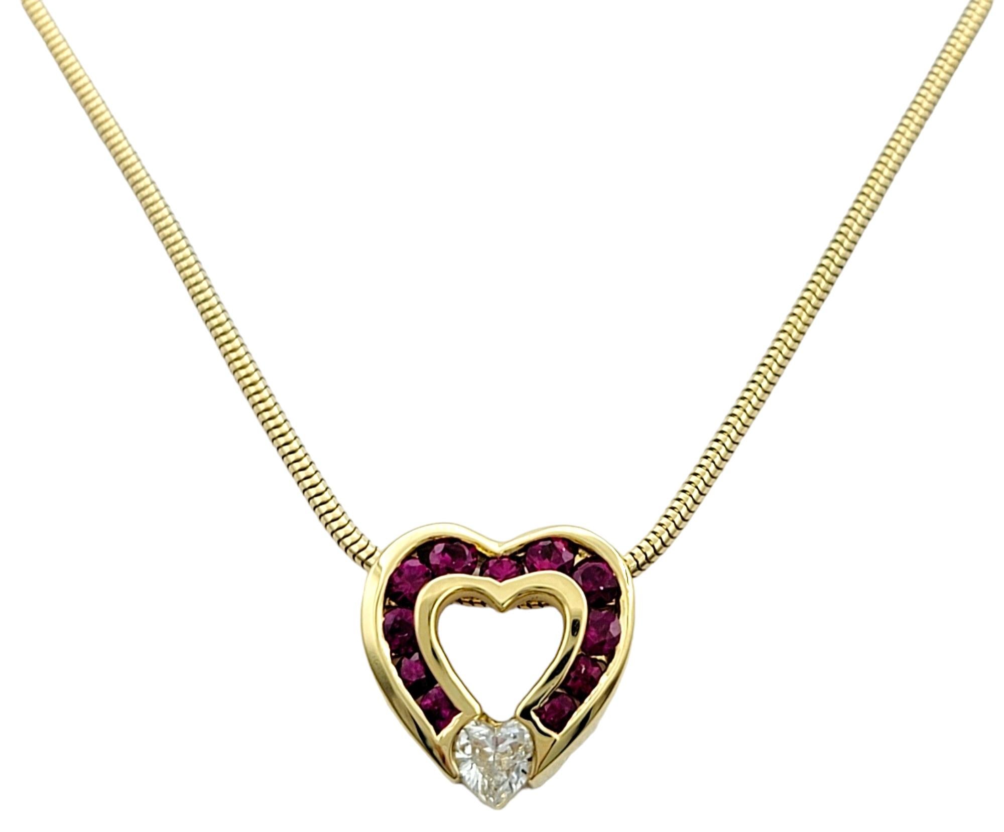Contemporary Charles Krypell Diamond and Ruby Open Heart Necklace Set in 18 Karat Yellow Gold
