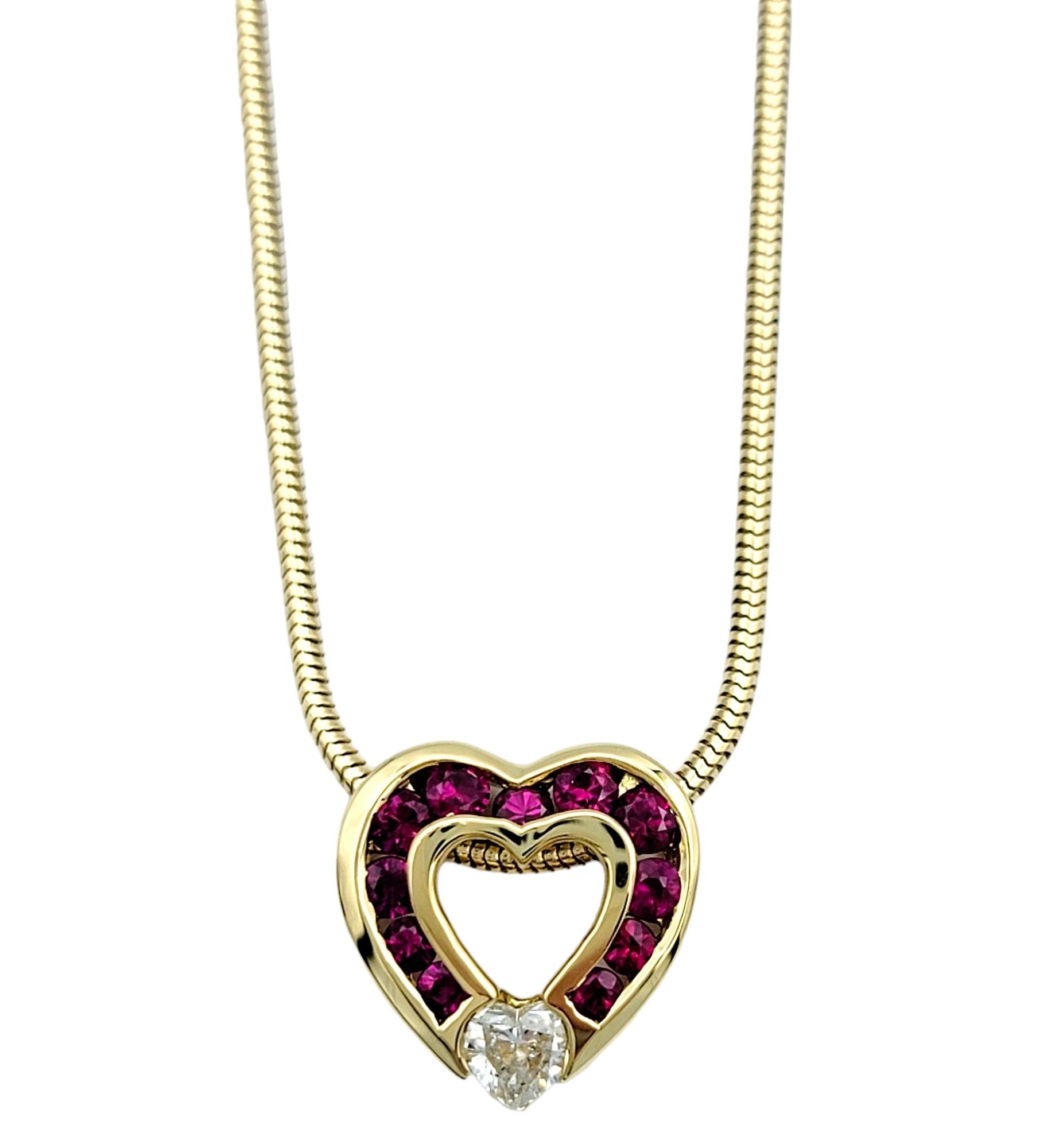 Round Cut Charles Krypell Diamond and Ruby Open Heart Necklace Set in 18 Karat Yellow Gold