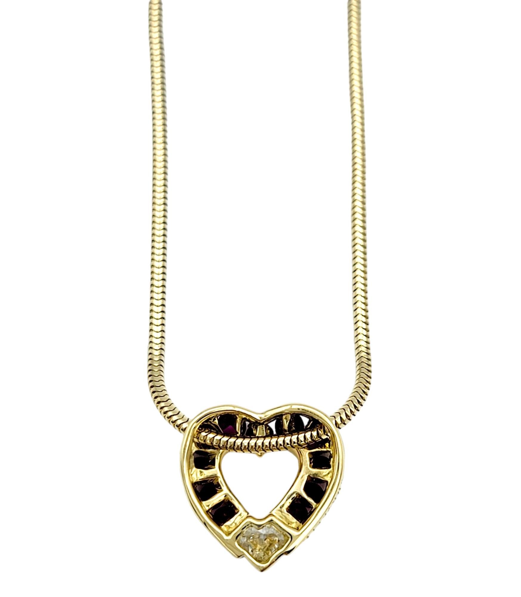 Charles Krypell Diamond and Ruby Open Heart Necklace Set in 18 Karat Yellow Gold In Good Condition In Scottsdale, AZ