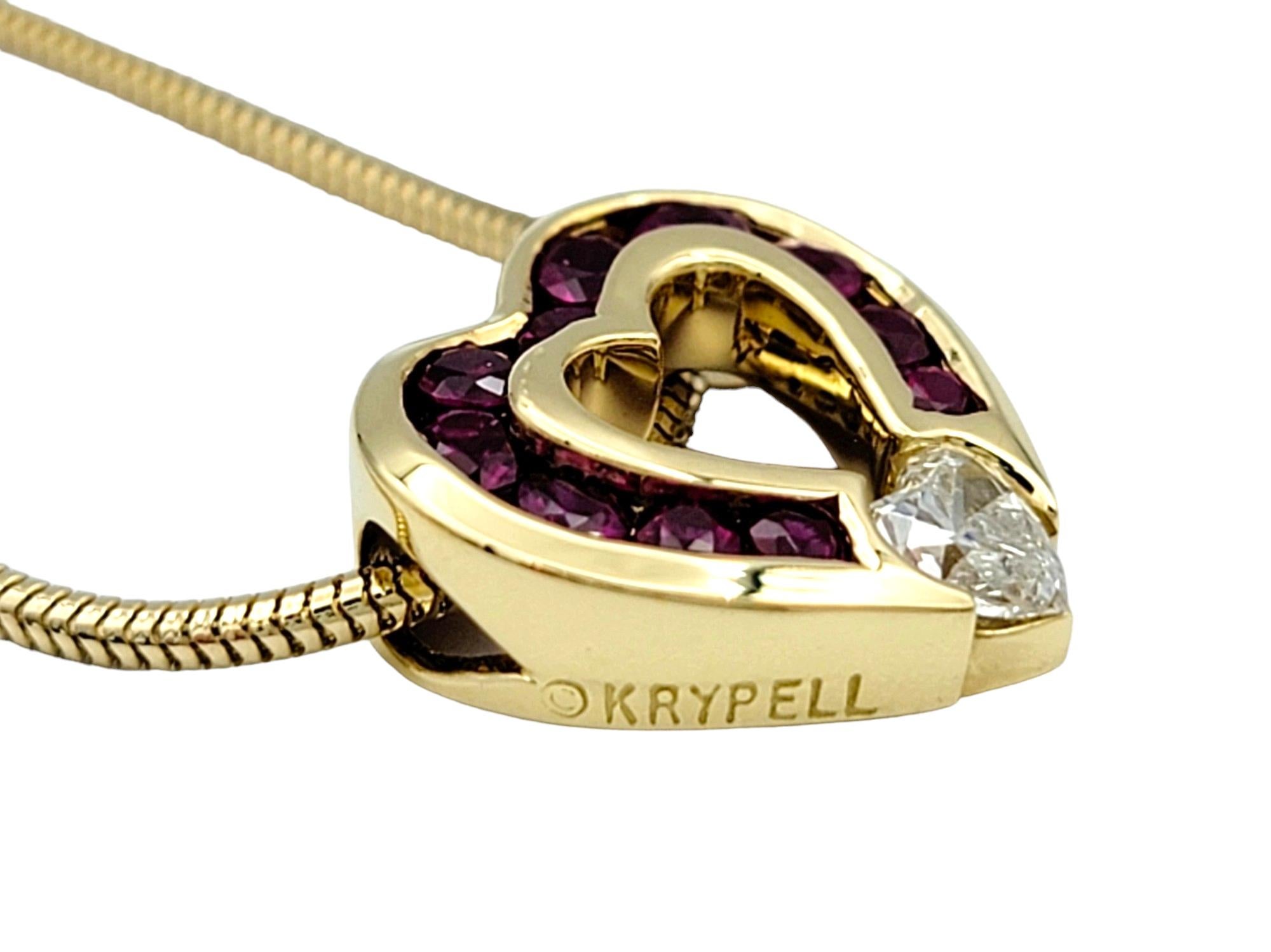 Women's Charles Krypell Diamond and Ruby Open Heart Necklace Set in 18 Karat Yellow Gold