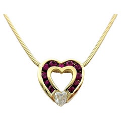 Charles Krypell Diamond and Ruby Open Heart Necklace Set in 18 Karat Yellow Gold
