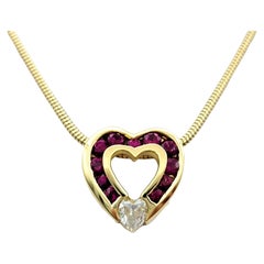 Charles Krypell Diamond and Ruby Open Heart Necklace Set in 18 Karat Yellow Gold