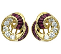 Charles Krypell Diamond and Ruby Swirl Omega Back Stud Earring in 18 Karat Gold