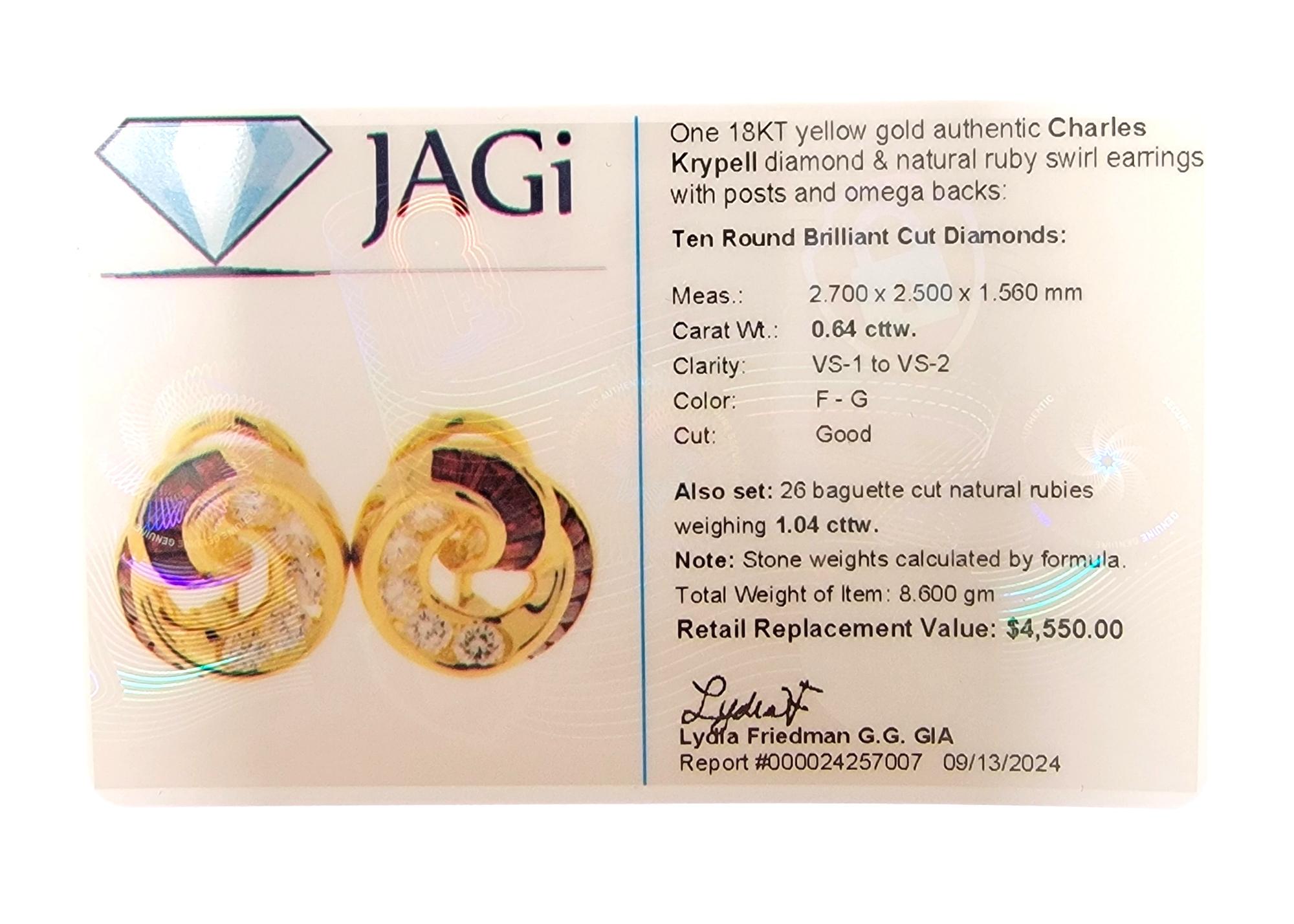 Charles Krypell - Orecchino con diamante e rubino a spirale Omega Back in oro 18 carati in vendita 3