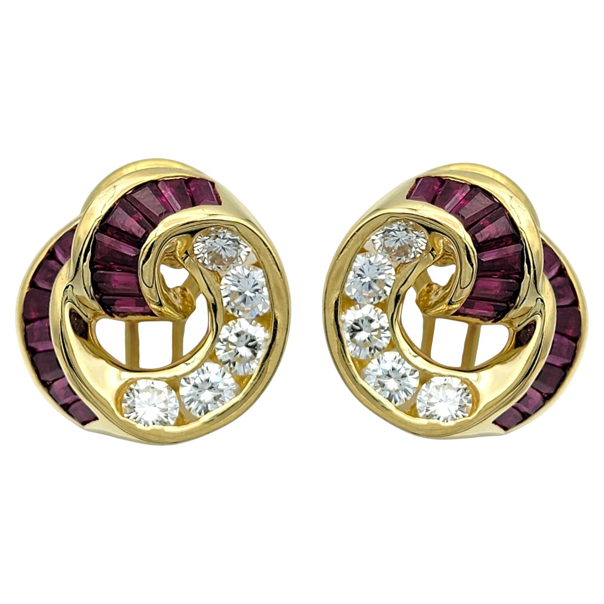 Charles Krypell Diamond and Ruby Swirl Omega Back Stud Earring in 18 Karat Gold