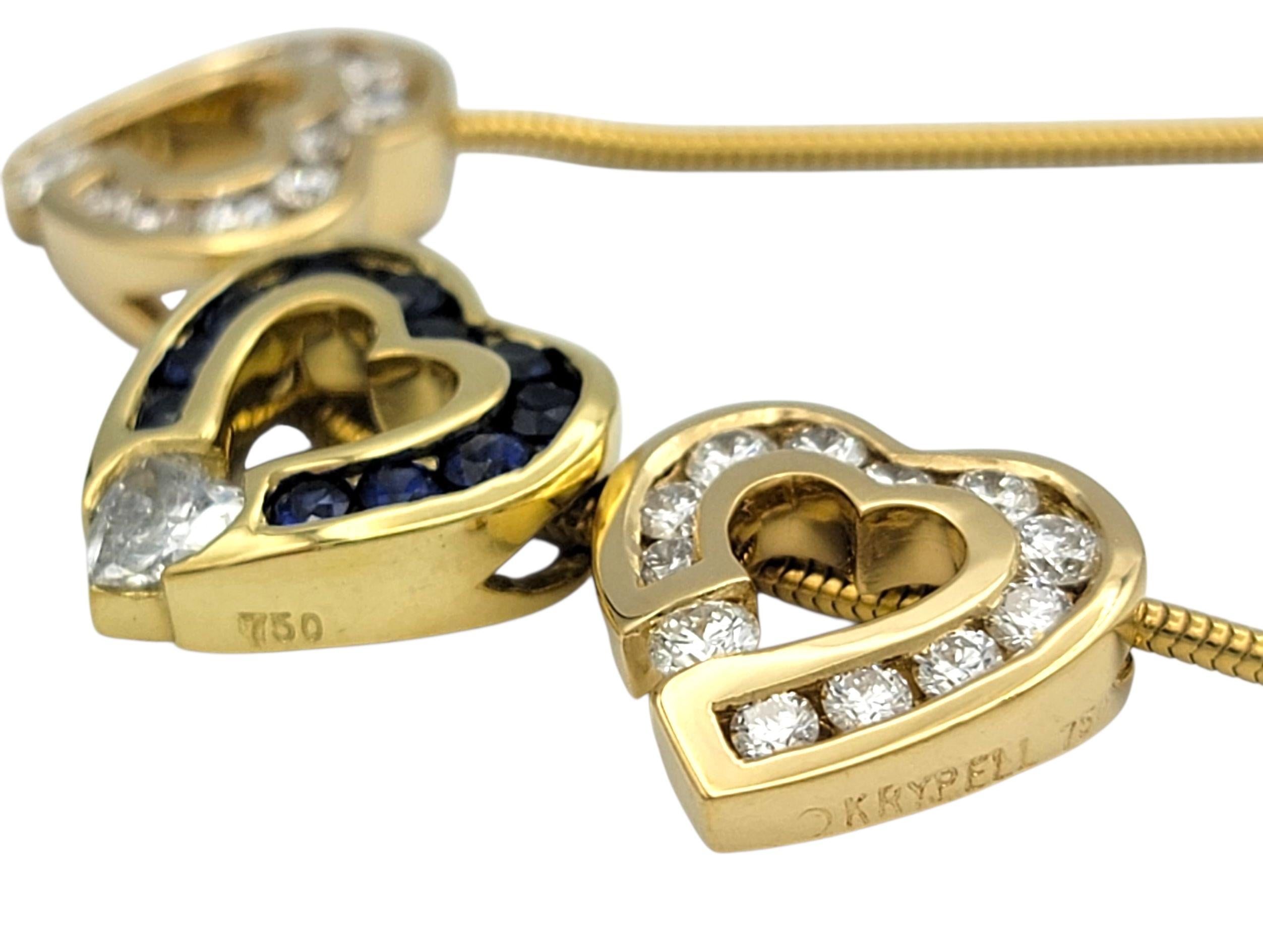 Charles Krypell - Collier triple cœur en or 18 carats avec diamants et saphir bleu Pour femmes en vente
