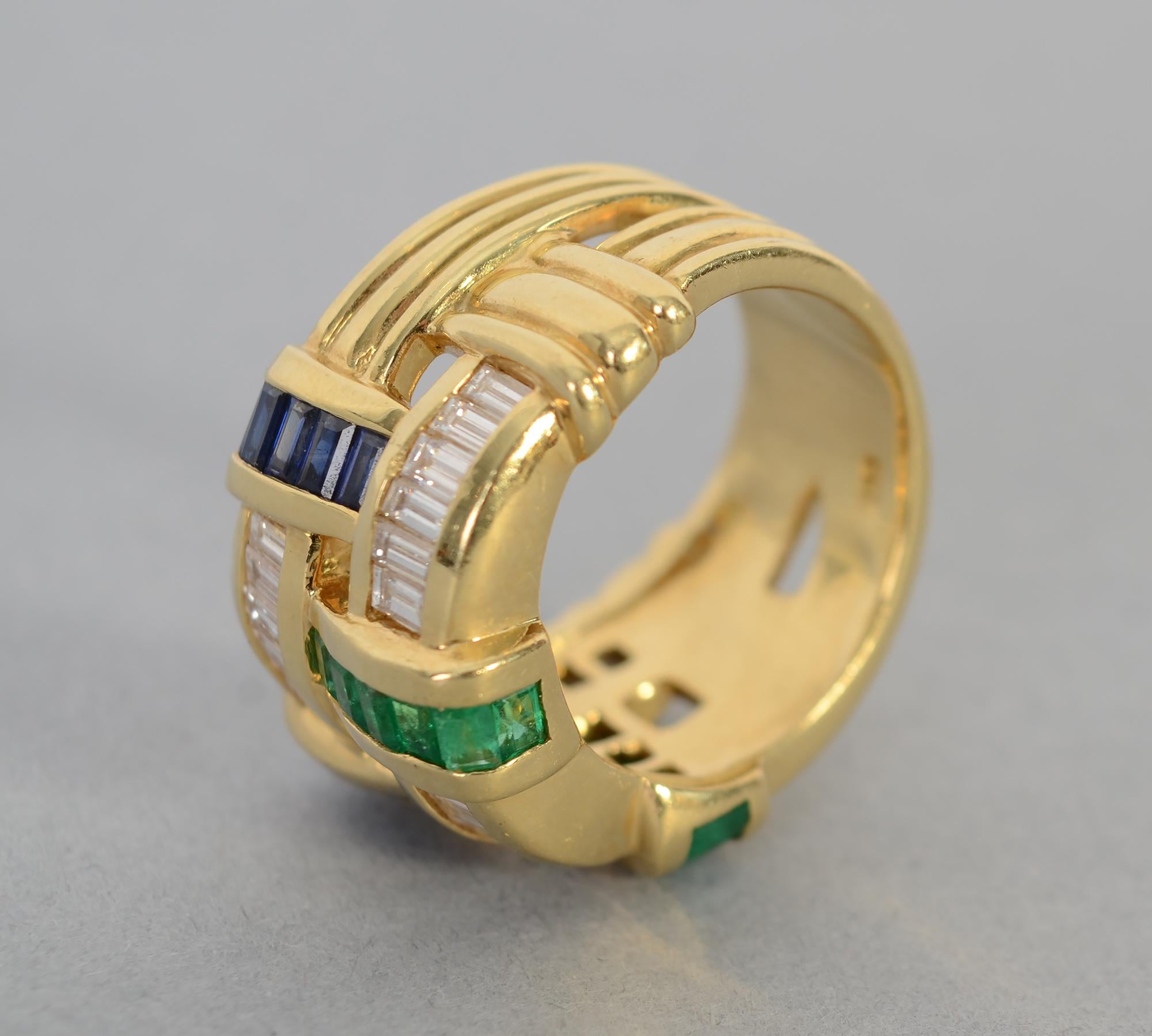 Modern Charles Krypell Diamond, Emerald and Sapphire Band Ring