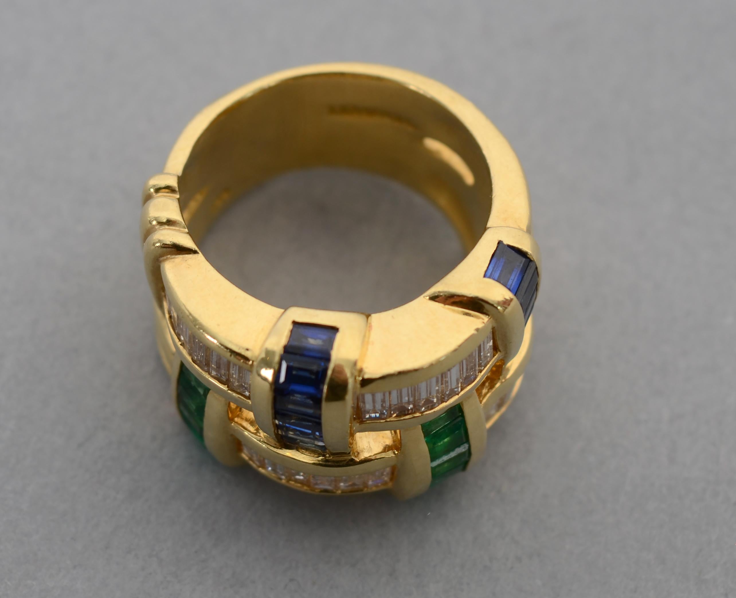 Charles Krypell Diamond, Emerald and Sapphire Band Ring In Excellent Condition In Darnestown, MD