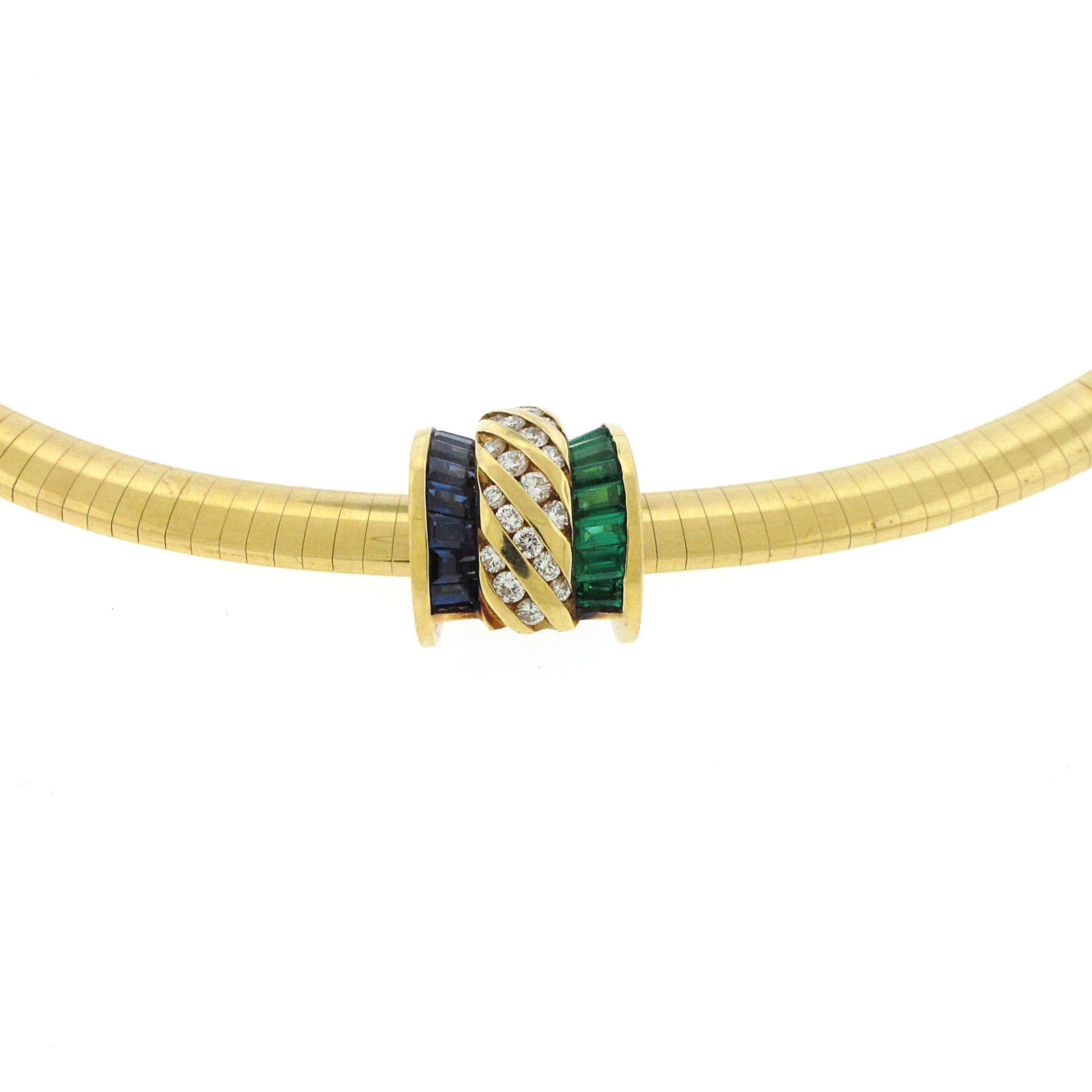 Fantastic 18kt Yellow Gold Charles Krypell slide necklace. Approximately 3 carats of emeralds and sapphires adorned with .60 carats of fine white diamonds. 

Charles Krypell is an American Jeweler starting in 1962 and crafting excellently made