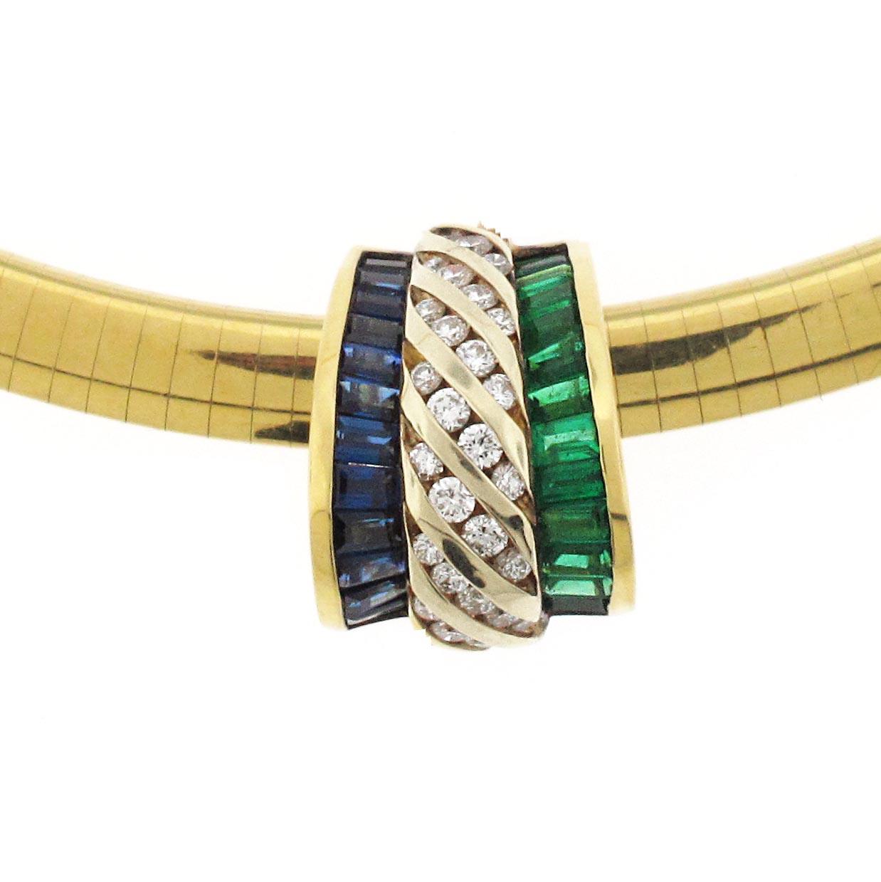 Contemporary Charles Krypell Diamond, Emerald and Sapphire Slide Pendant Necklace 18 Karat YG