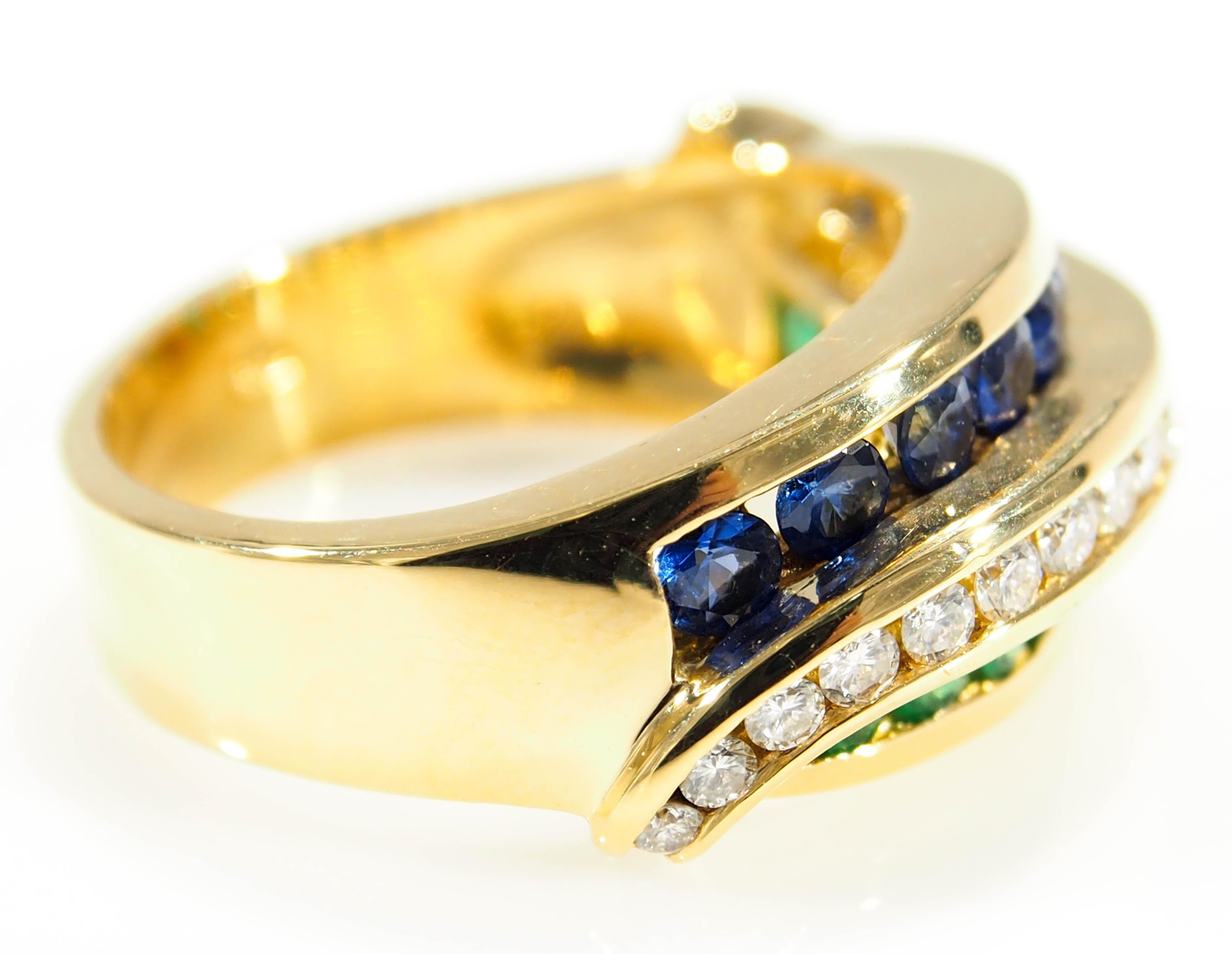 Modern Charles Krypell Diamond Emerald Sapphire Ring Yellow Gold 18 Karat