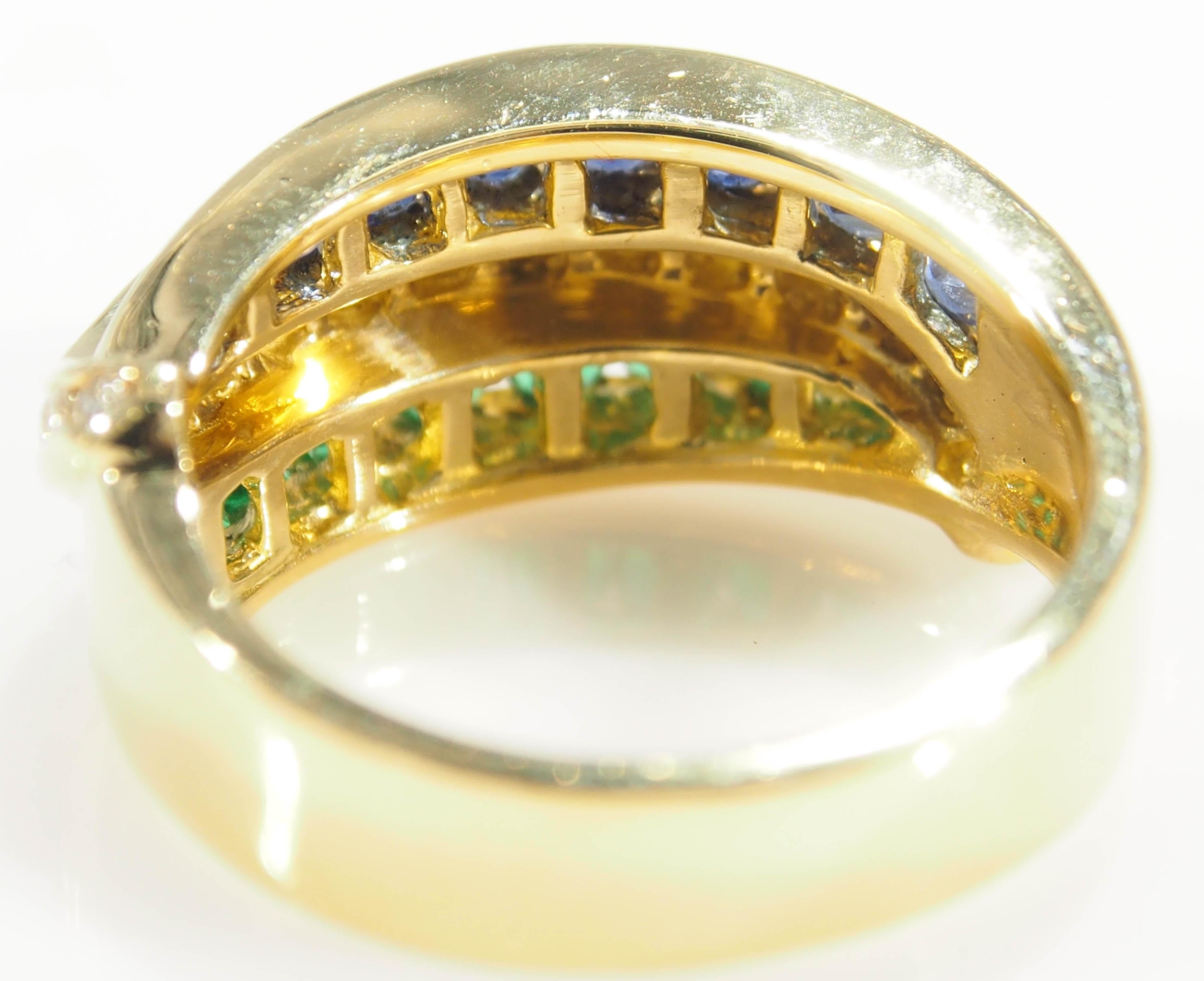 Charles Krypell Diamond Emerald Sapphire Ring Yellow Gold 18 Karat In Good Condition In Boca Raton, FL