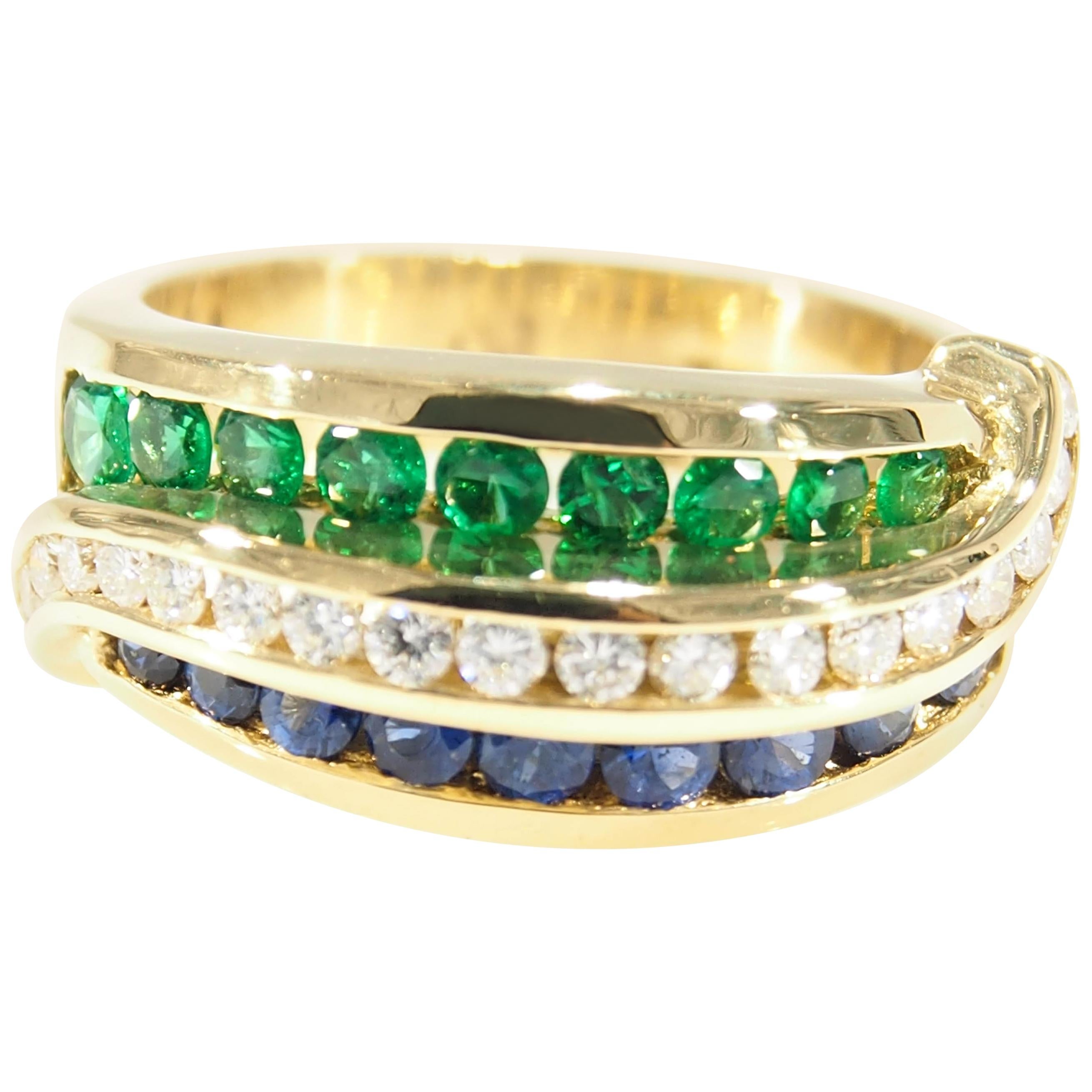 Charles Krypell Diamond Emerald Sapphire Ring Yellow Gold 18 Karat