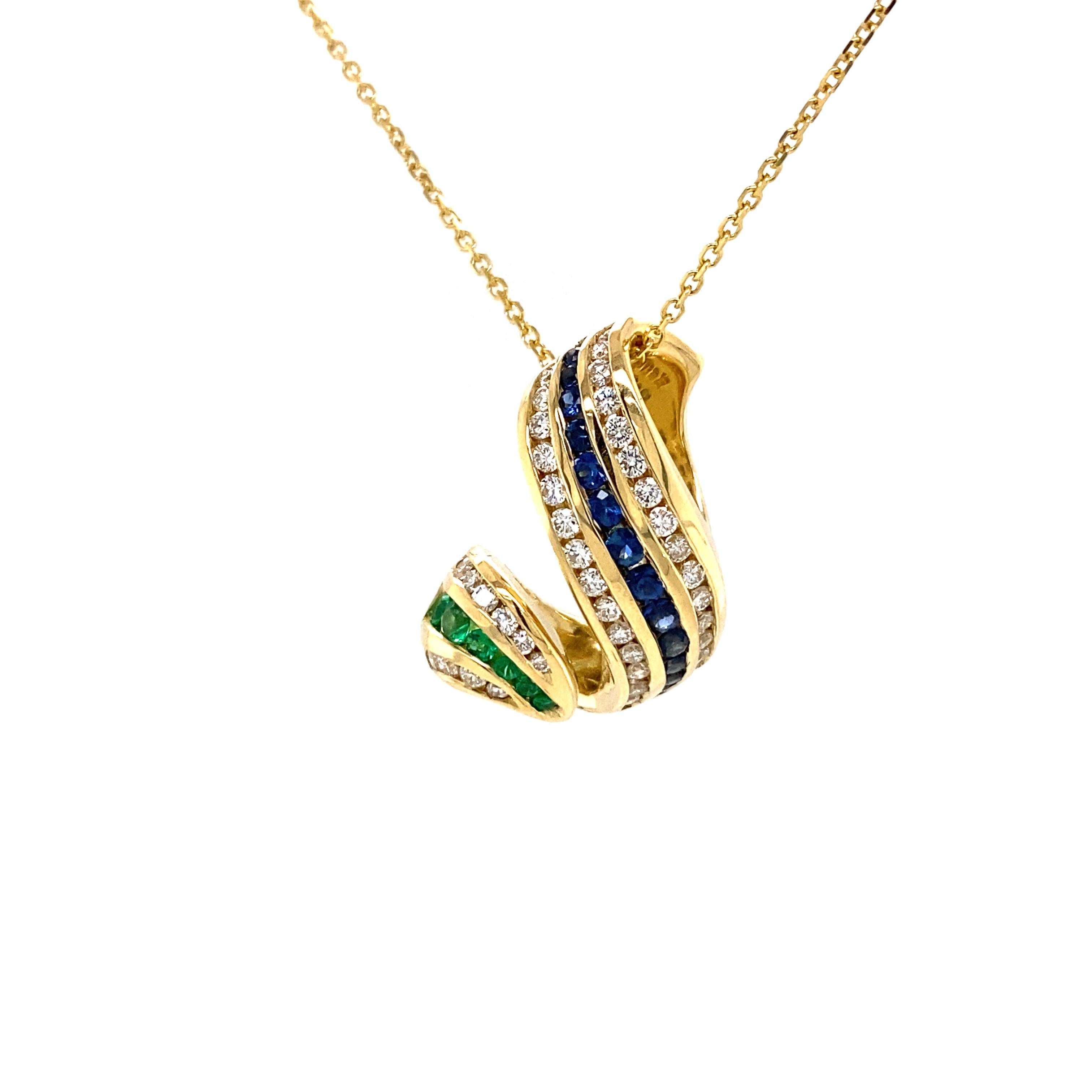 Round Cut Charles Krypell Diamond Emerald Sapphire Swirl 18k Yellow Gold Pendant For Sale
