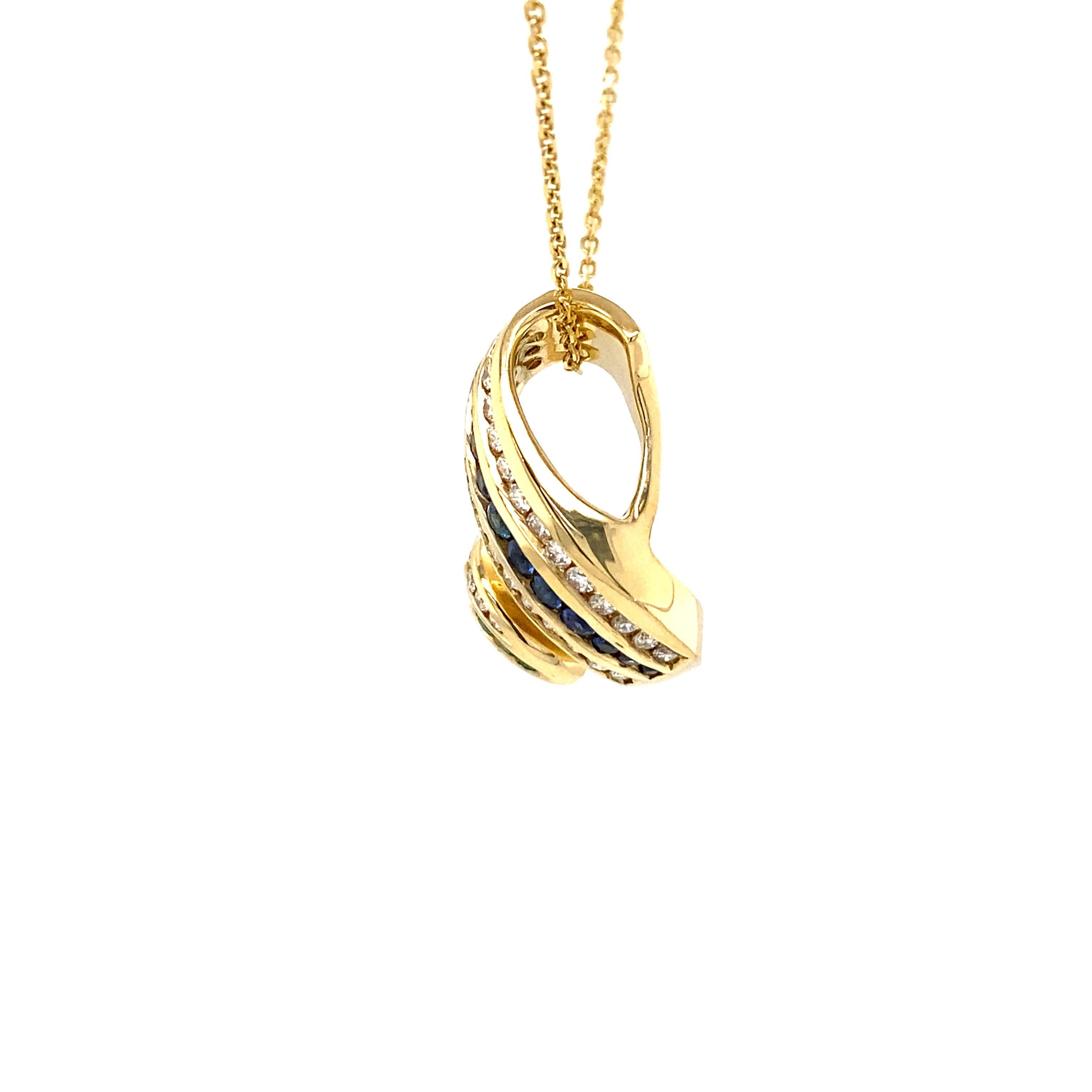 Charles Krypell Diamond Emerald Sapphire Swirl 18k Yellow Gold Pendant In Good Condition For Sale In Boca Raton, FL