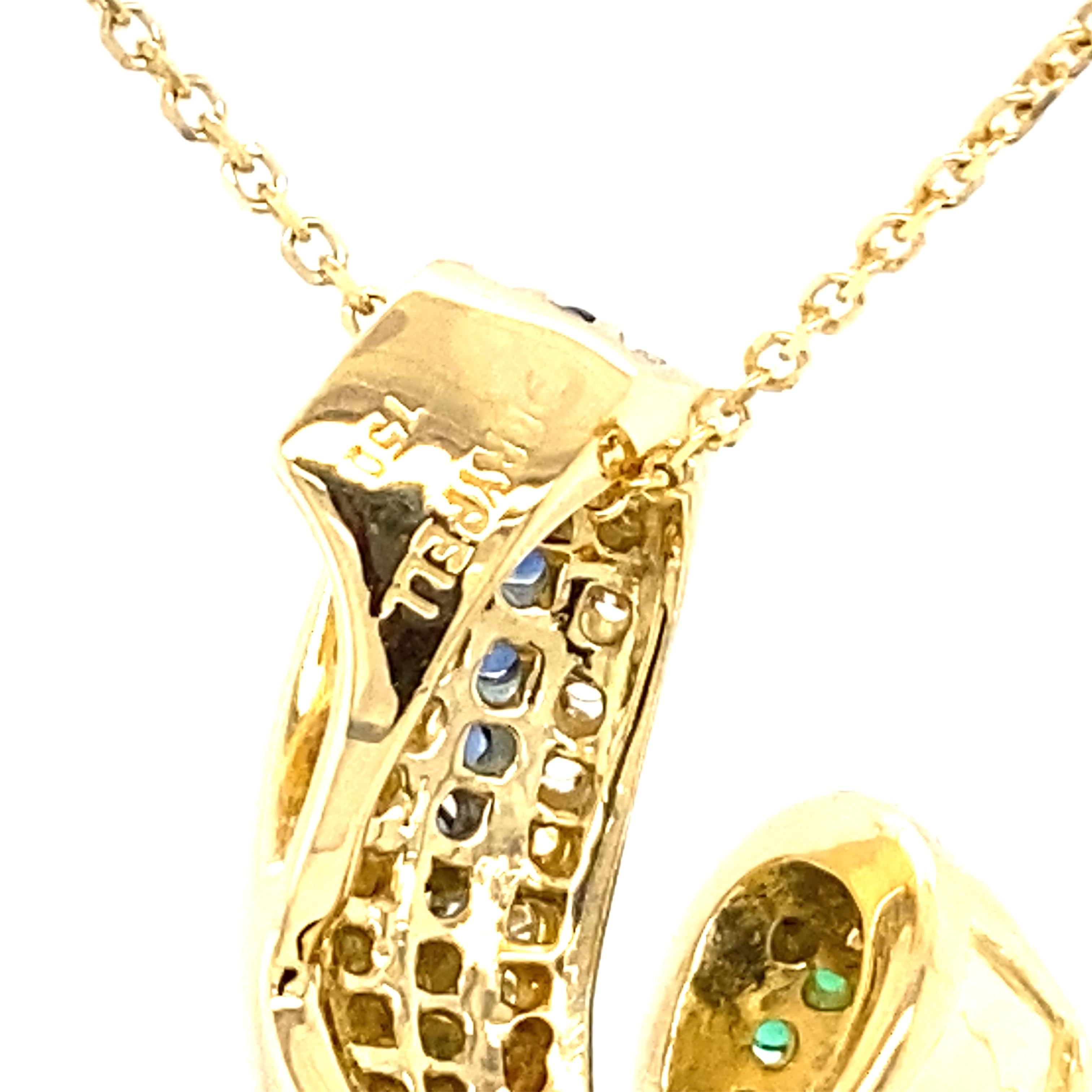 Charles Krypell Diamond Emerald Sapphire Swirl 18k Yellow Gold Pendant For Sale 1