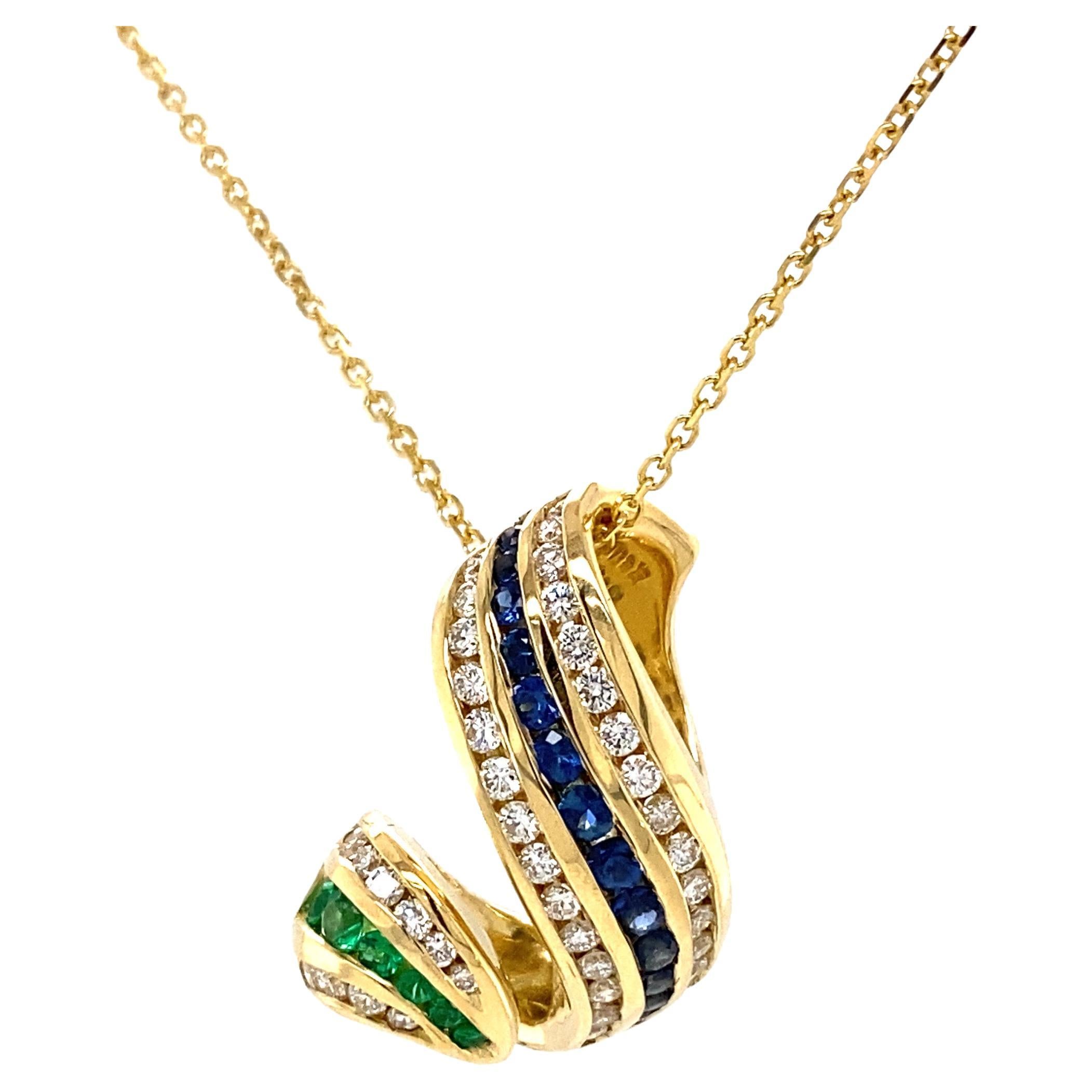 Charles Krypell Diamond Emerald Sapphire Swirl 18k Yellow Gold Pendant For Sale