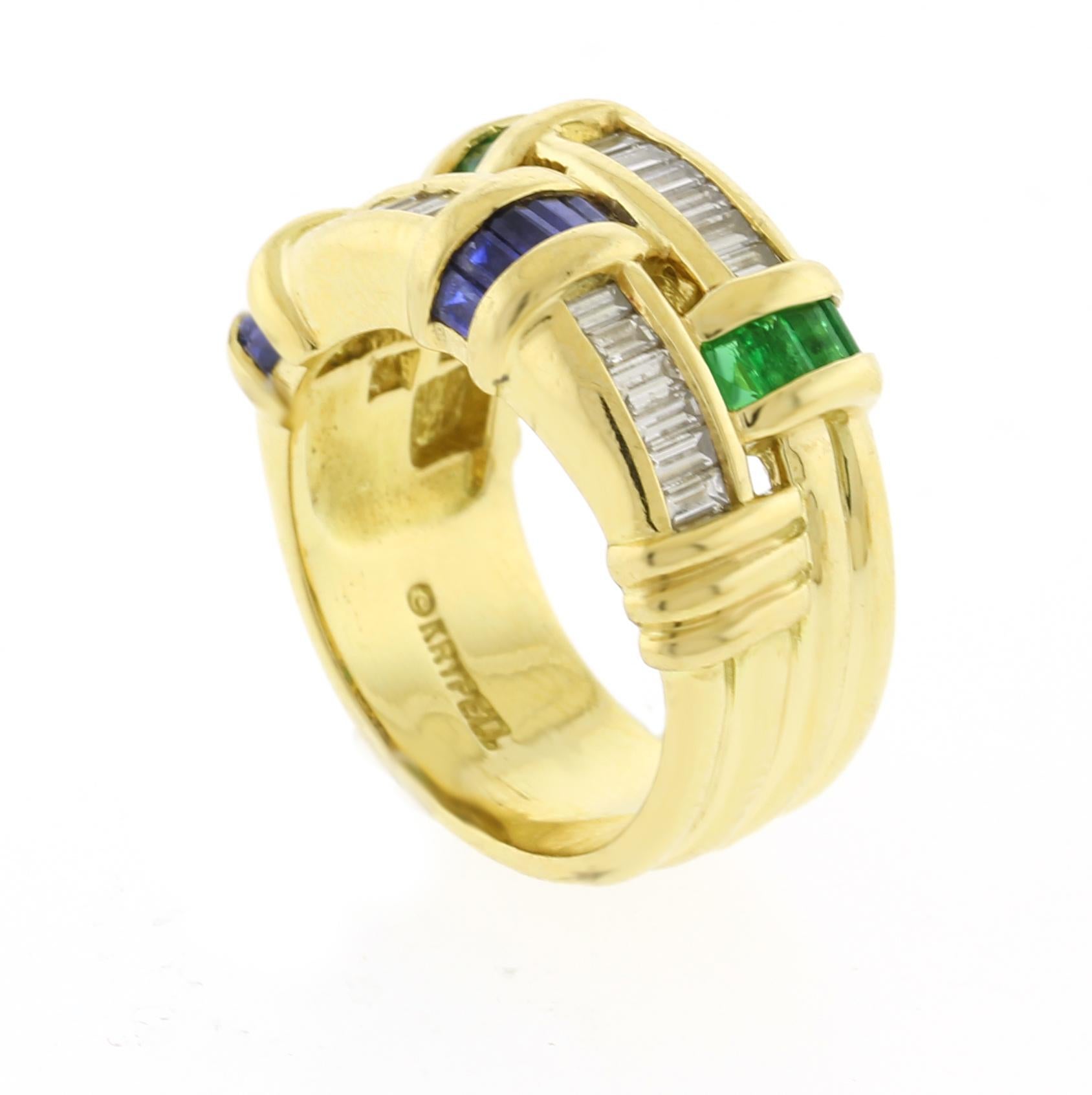 This ring contains has 24 baguette diamonds, 10 baguette sapphires and 10 baguette emeralds.
♦ Designer: Charles Krypell
♦ Metal: 18 karat yellow gold
♦ Gemstone: Diamonds, Sapphires and Emeralds
♦ Gemstone Approximate weighs: Diamonds=1ct 
        