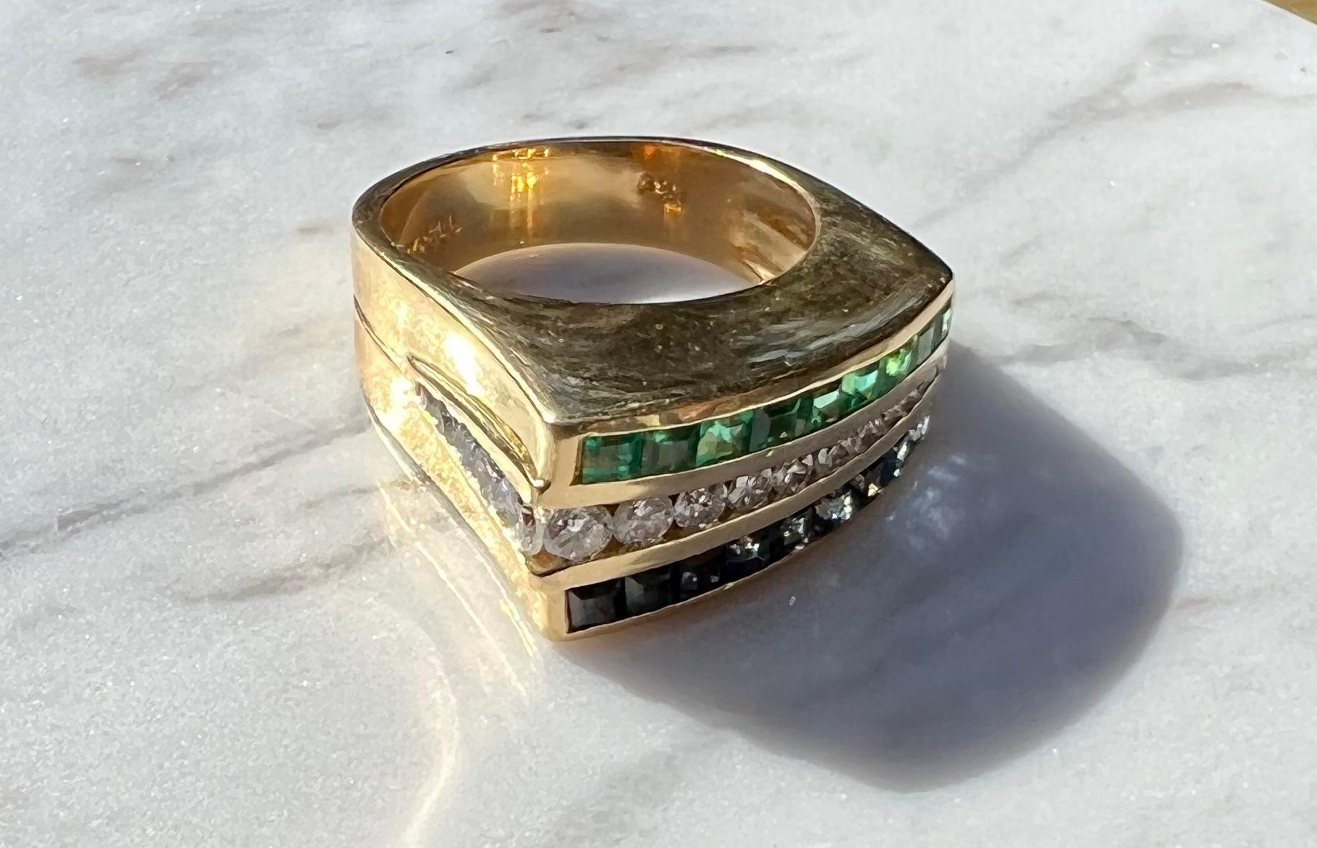 Contemporary Charles Krypell Diamond Sapphire and Emerald Ring