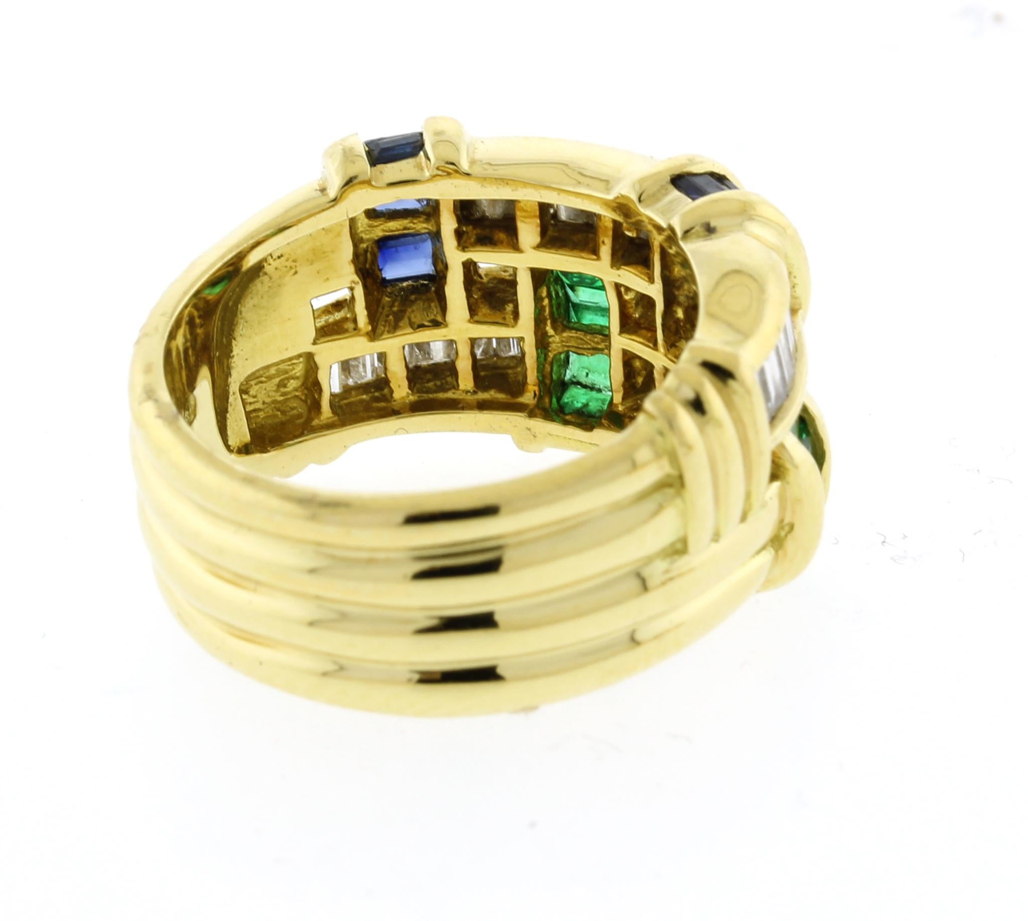 Baguette Cut Charles Krypell Diamond, Sapphire and Emerald Ring