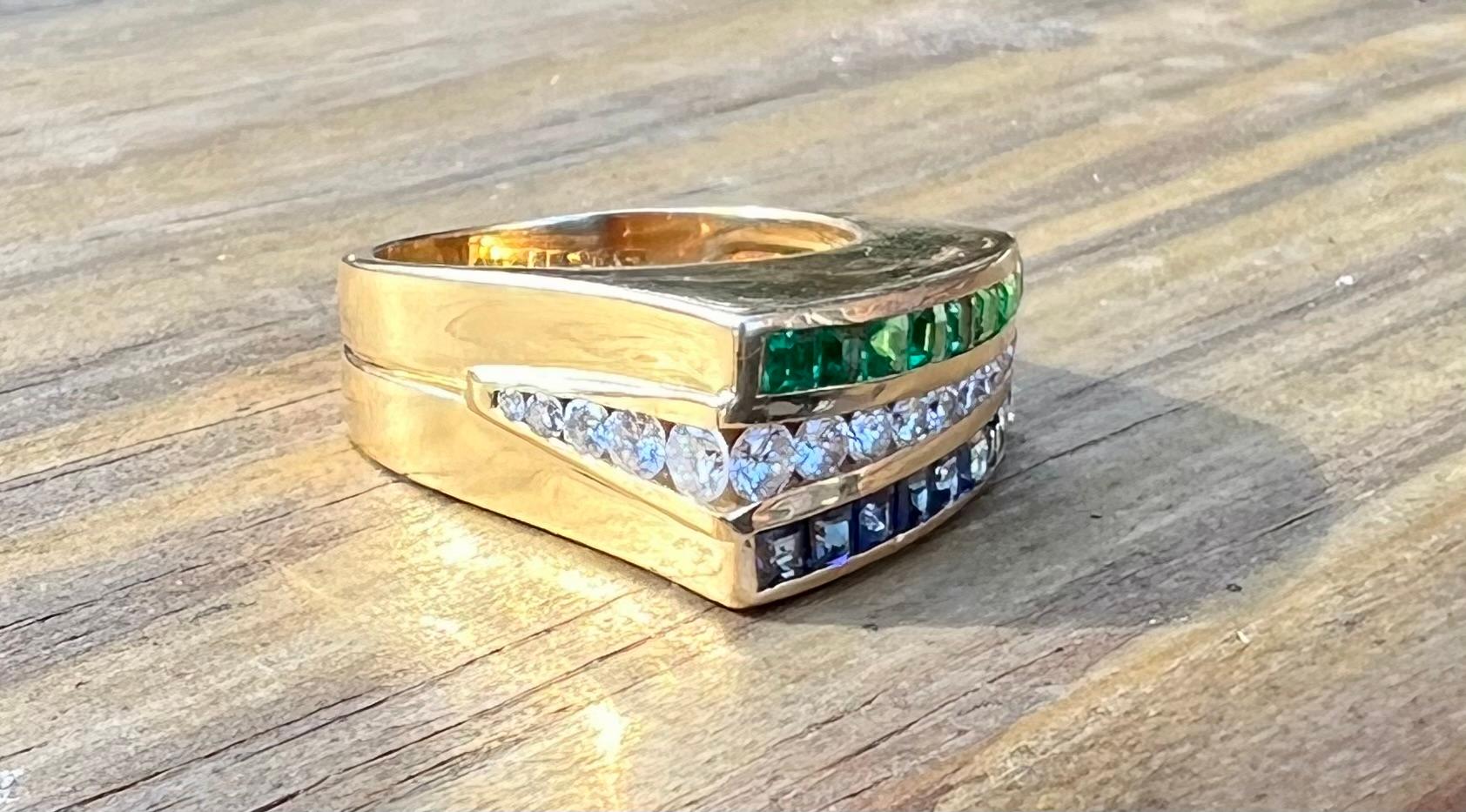Emerald Cut Charles Krypell Diamond Sapphire and Emerald Ring
