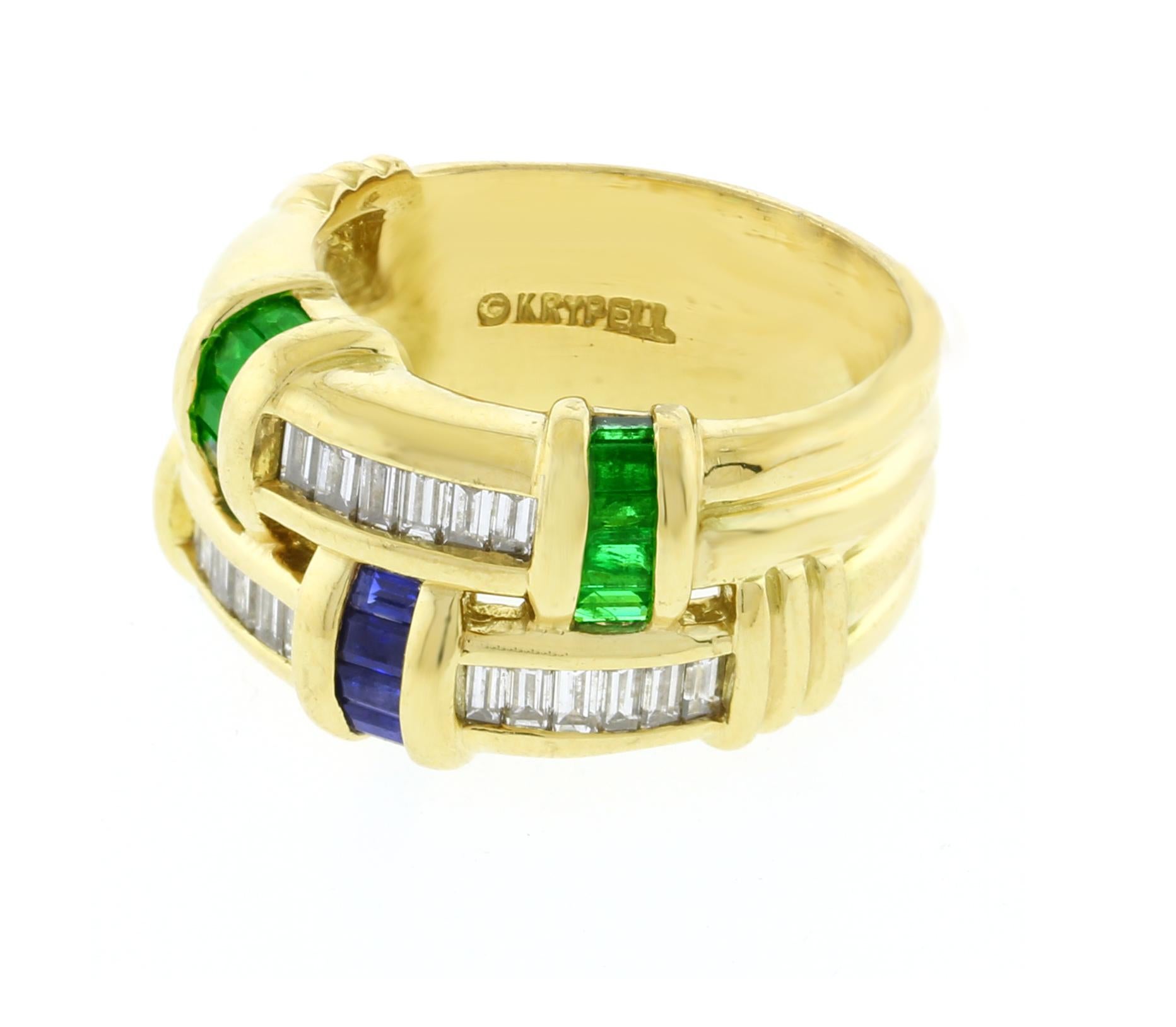 Charles Krypell Diamond, Sapphire and Emerald Ring In Excellent Condition In Bethesda, MD
