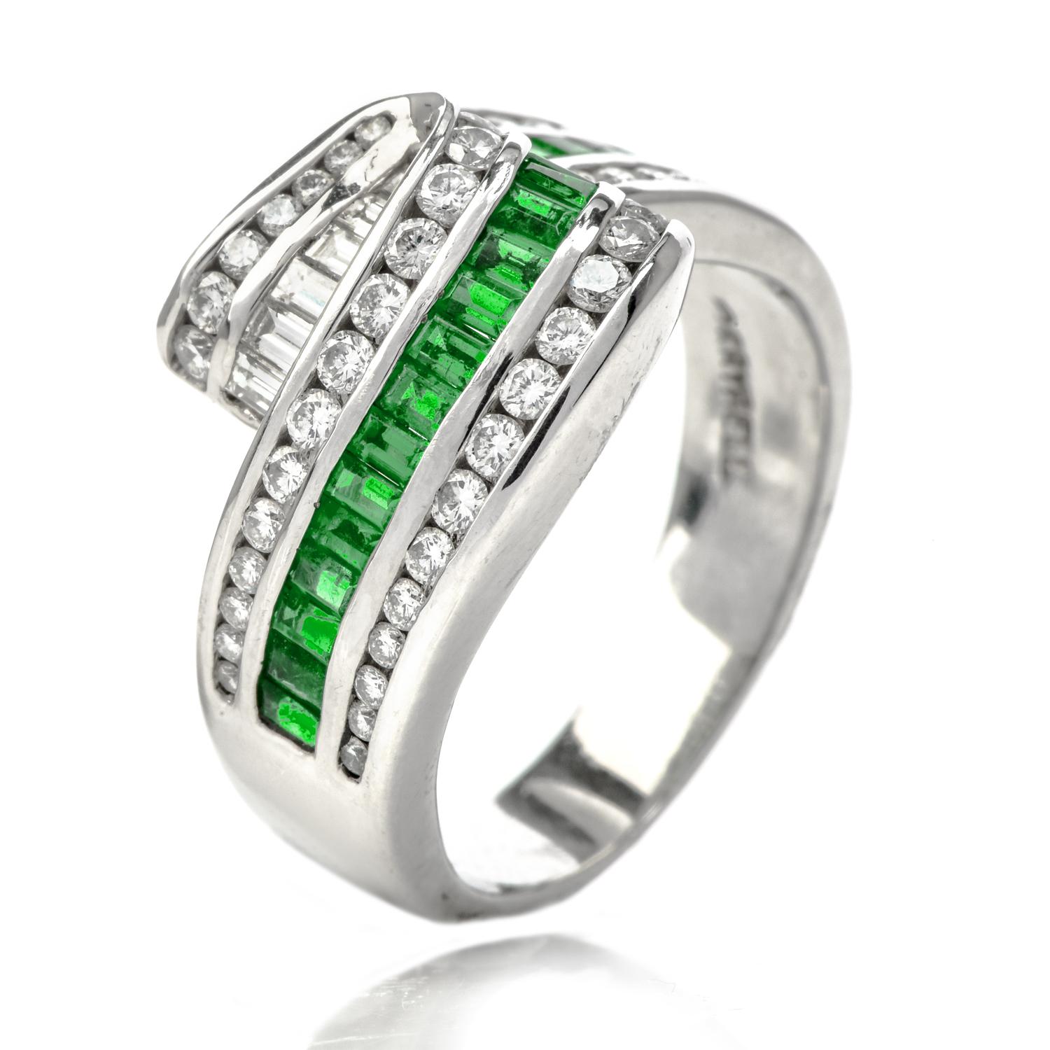 Charles Krypell Platinum Emerald Diamond Cocktail Ring In Excellent Condition In Miami, FL
