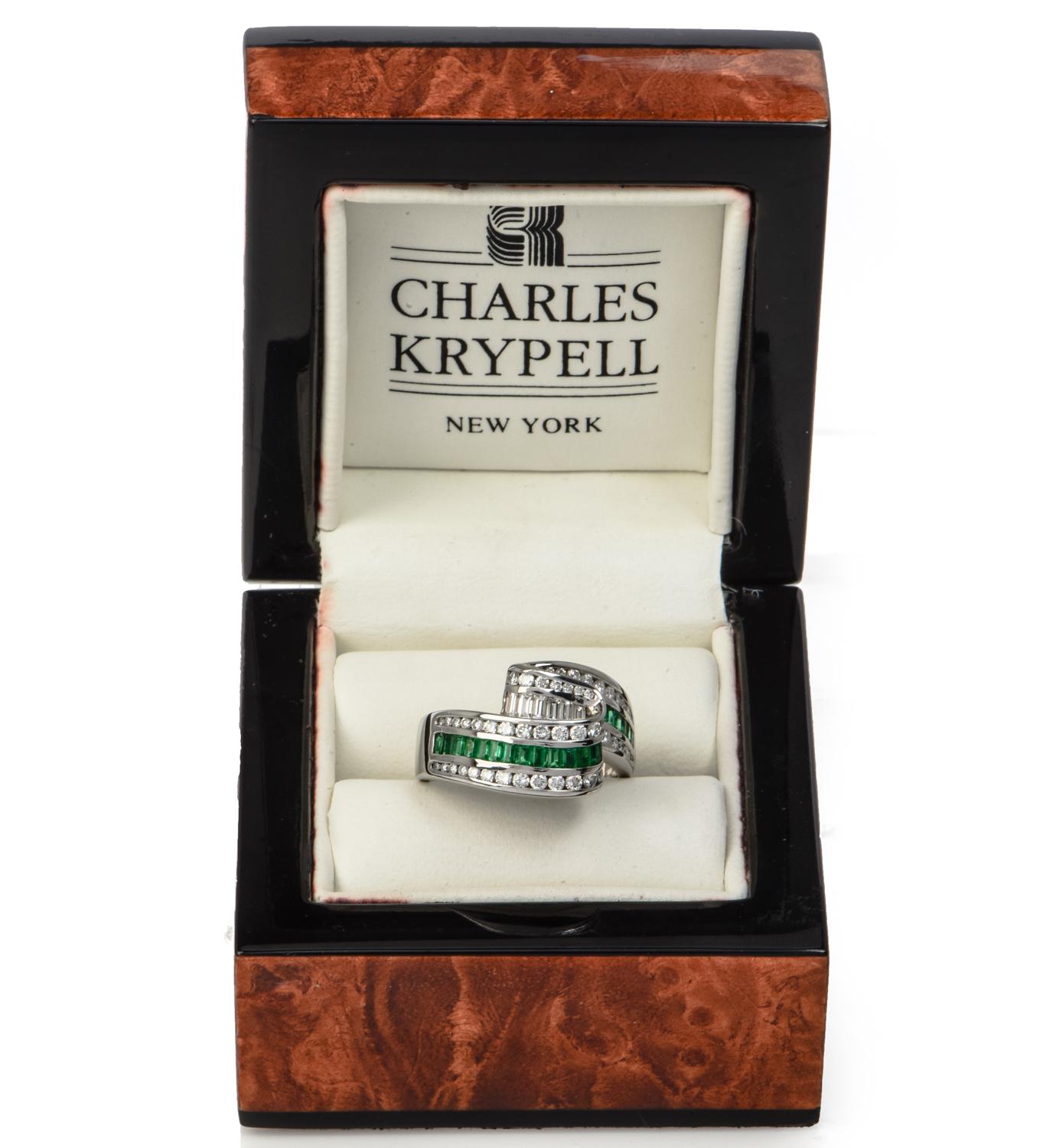 Charles Krypell Platinum Emerald Diamond Cocktail Ring 1