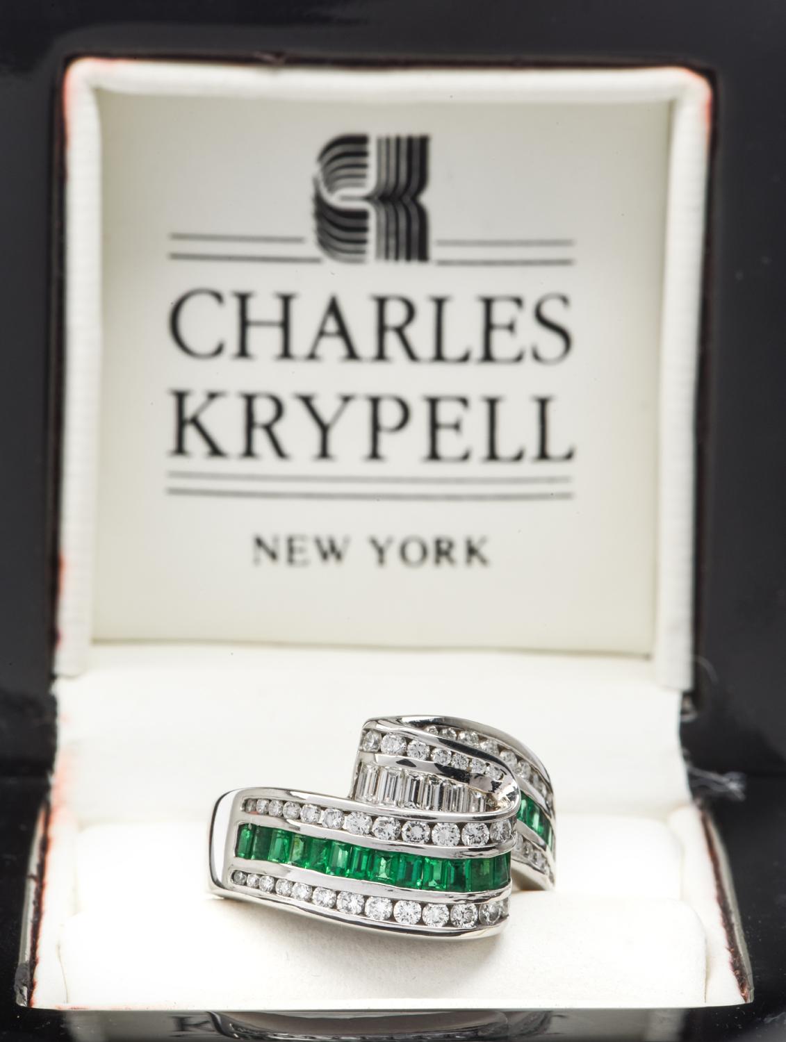 Modern Charles Krypell Platinum Emerald Diamond Cocktail Ring