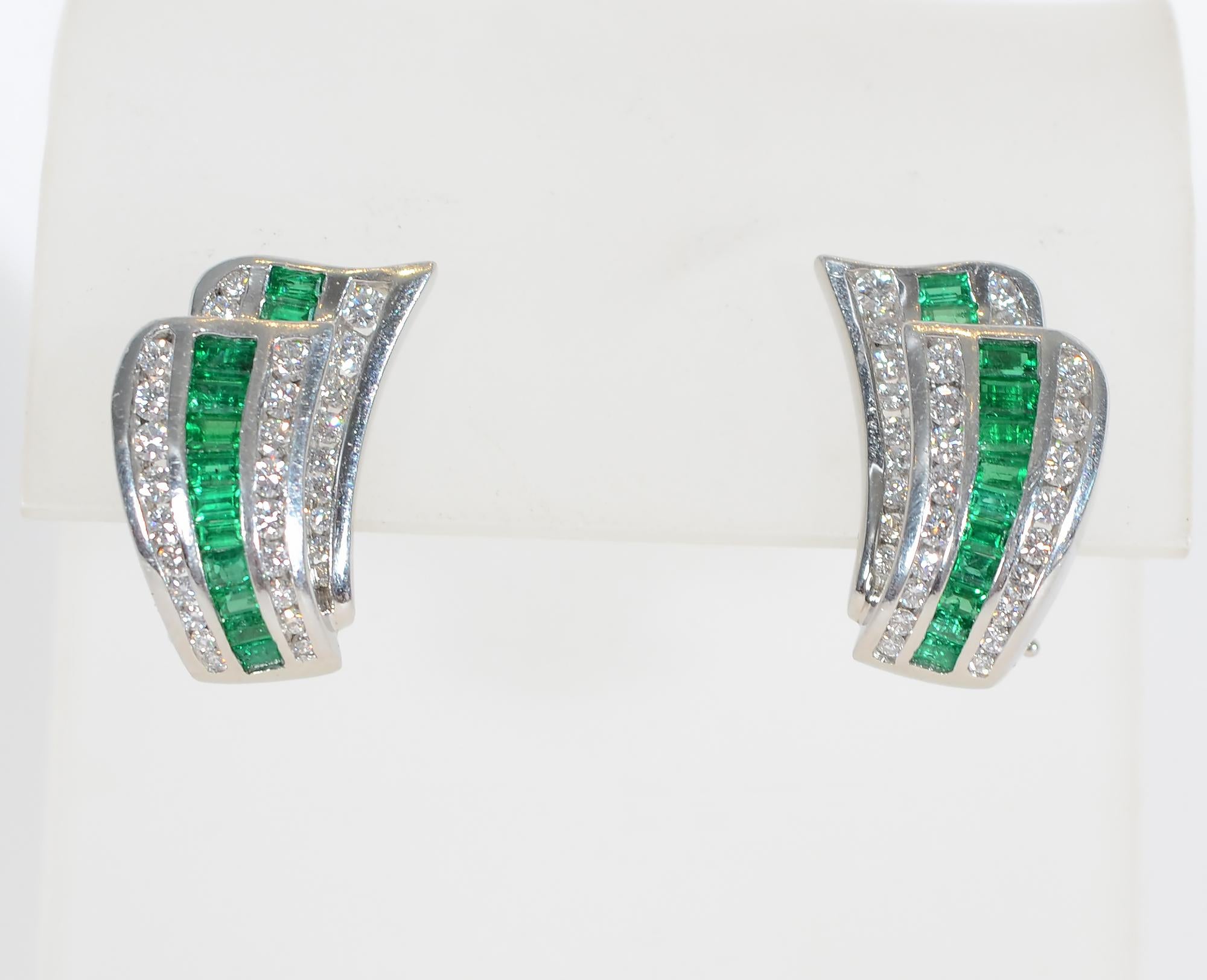 Modern Charles Krypell Emerald Diamond Platinum Earrings