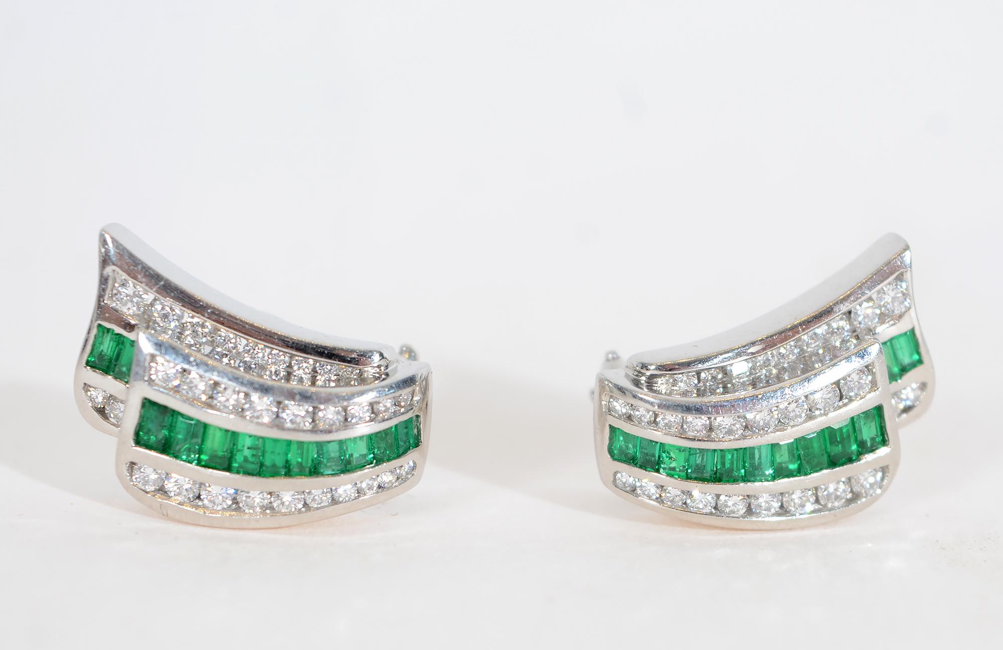 Round Cut Charles Krypell Emerald Diamond Platinum Earrings